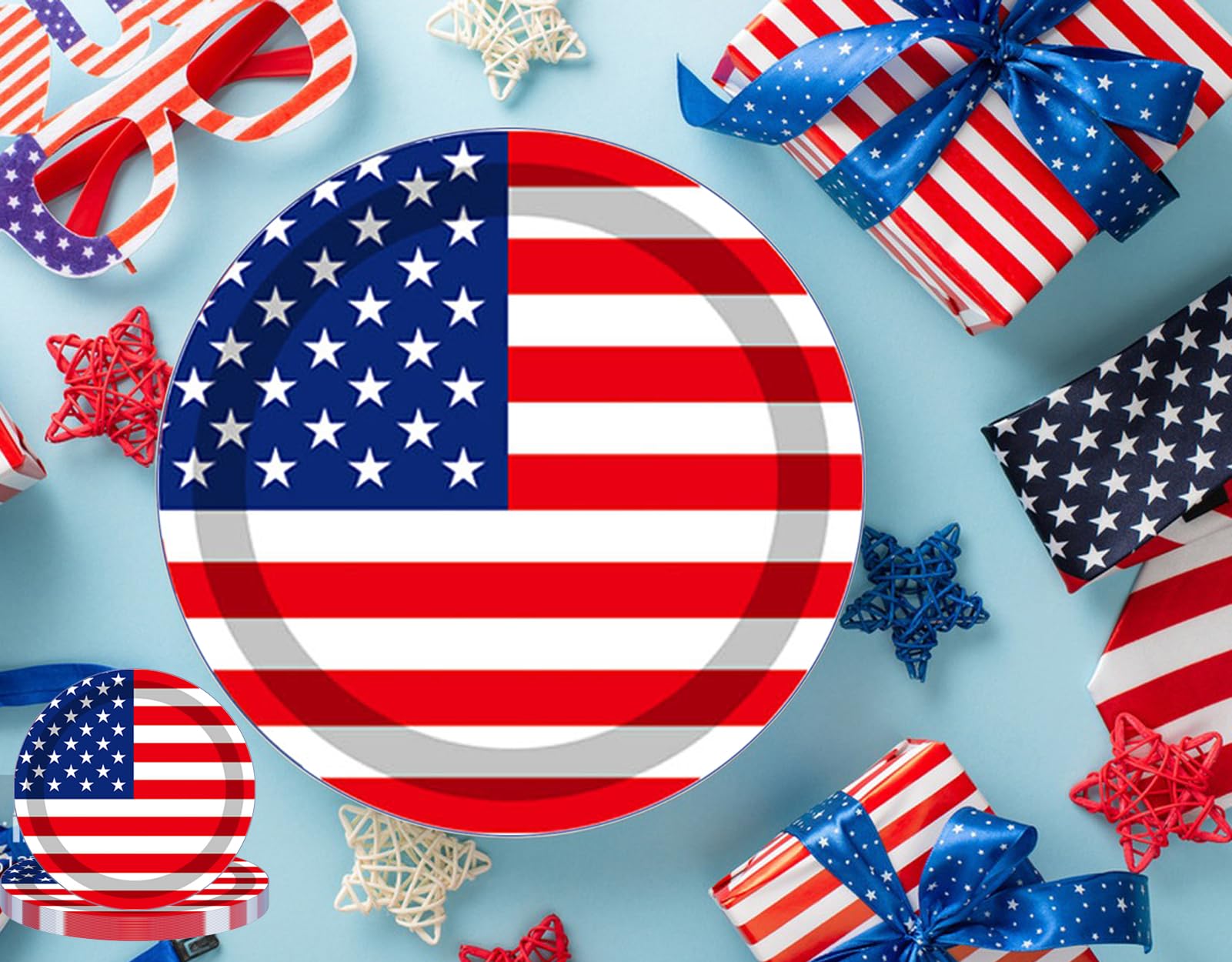QXBXYHM 25pcs Independence Day Paper Plates 4th of July Round Disposable Plates 9 Inch American Flag Patriotic Decorative Tableware Stripes Star Plate