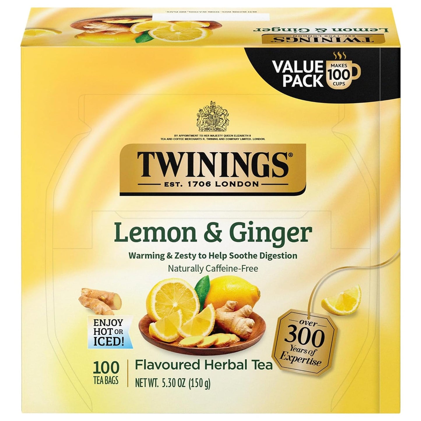 Twinings Lemon & Ginger Herbal Tea Individually Wrapped Bags, 100 Count (Pack of 1), Tangy Lemon, Spicy Ginger, Naturally Caffeine-Free, Enjoy Hot or