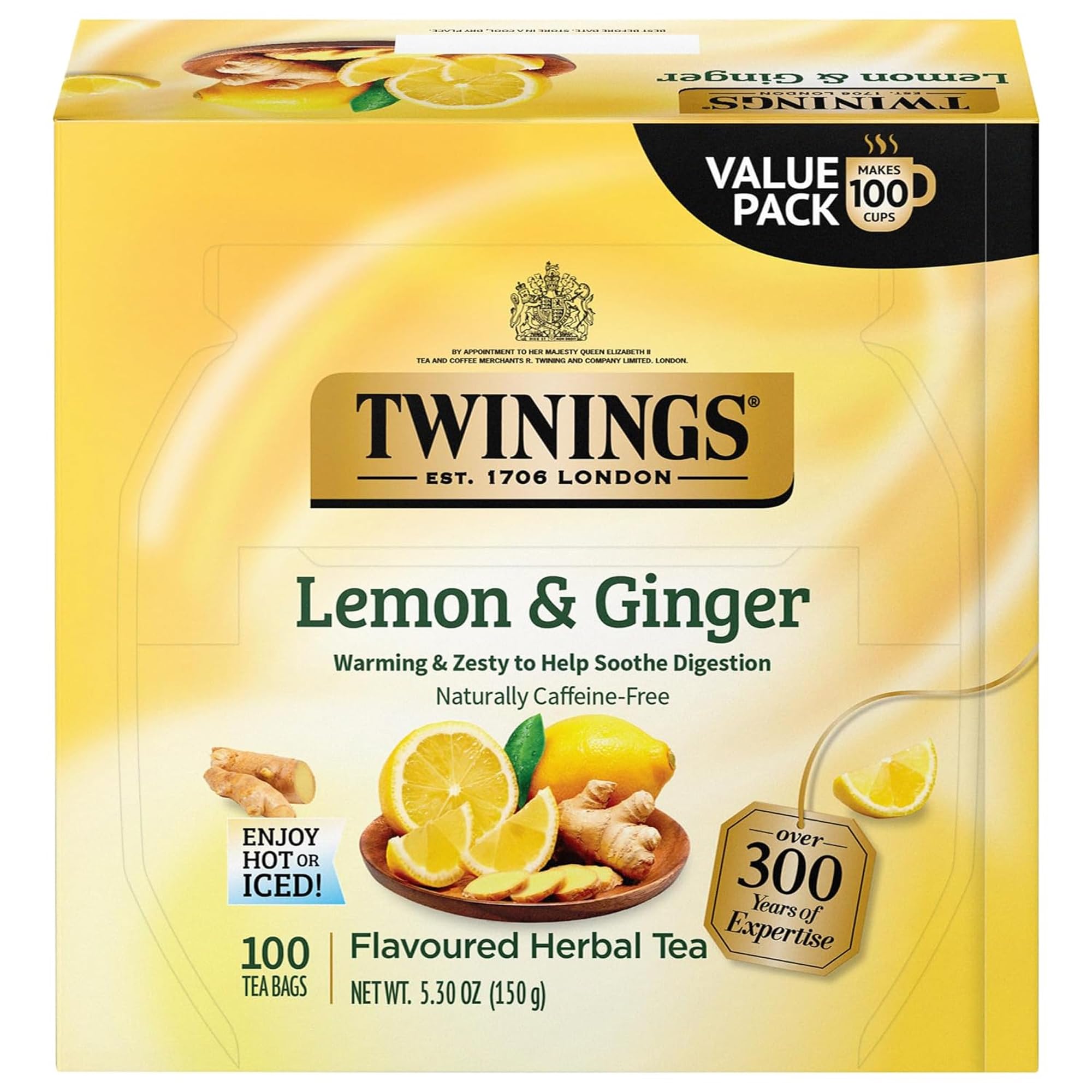 Twinings Lemon & Ginger Herbal Tea Individually Wrapped Bags, 100 Count (Pack of 1), Tangy Lemon, Spicy Ginger, Naturally Caffeine-Free, Enjoy Hot or