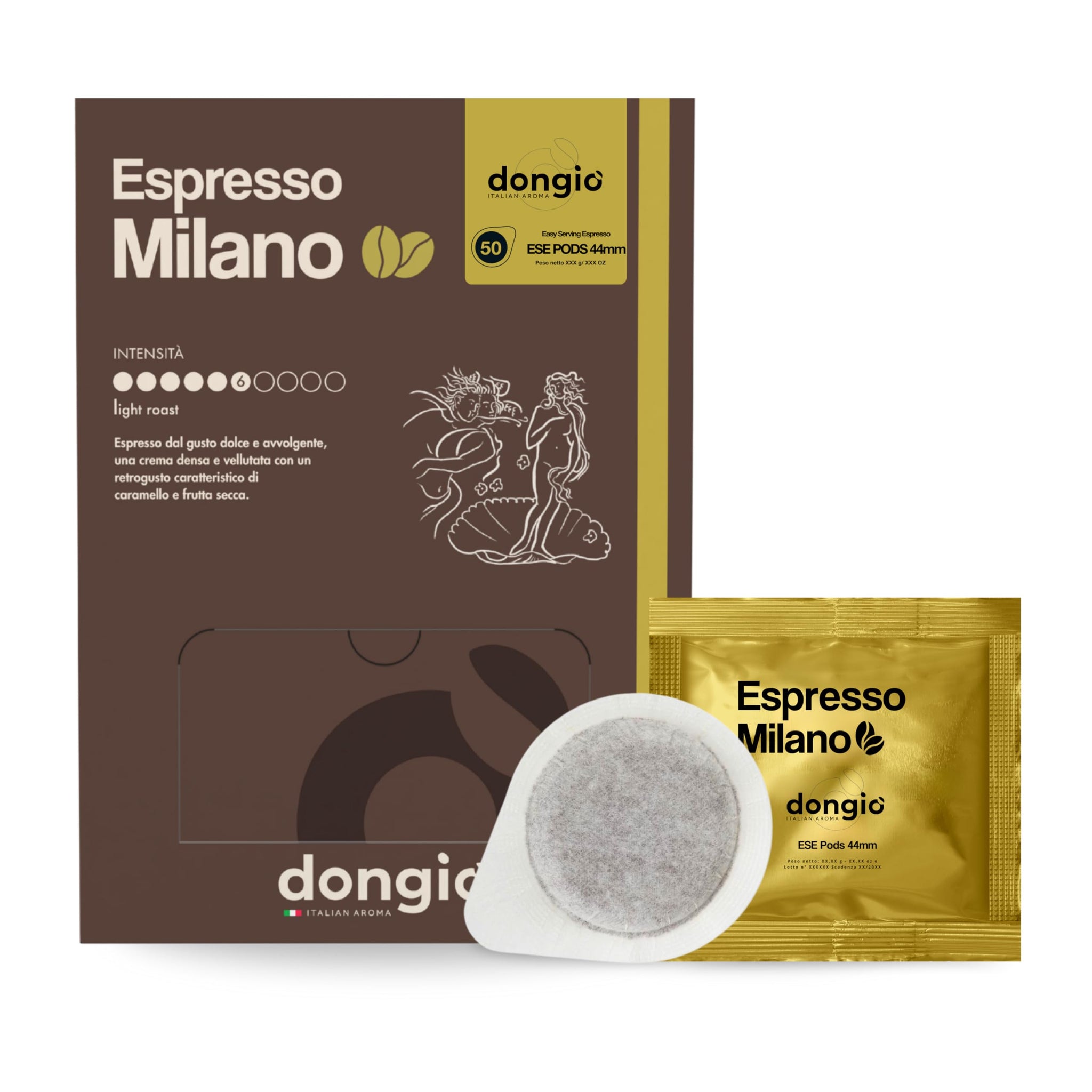 Dongio Caffe Milano Light Roast ESE 44mm Coffee Pods - 50 Count | Italian Espresso Pods, Intensity 6/10, Smooth Aroma, Rich Crema, Roasted in Italy