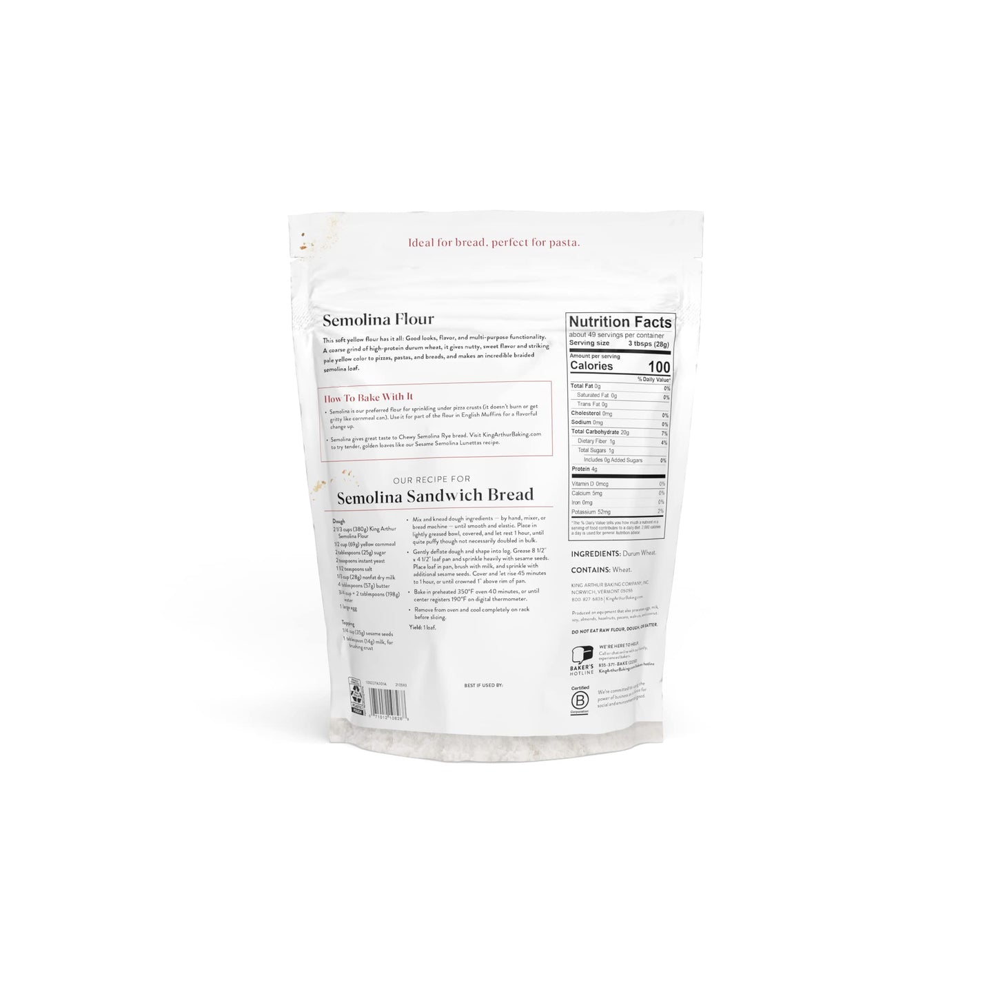 King Arthur Premium Semolina Flour: Coarse Ground, High Protein Durum Wheat for Perfect Pasta, Pizza, and Bread Making - Kosher, 3 lbs Resealable Bag
