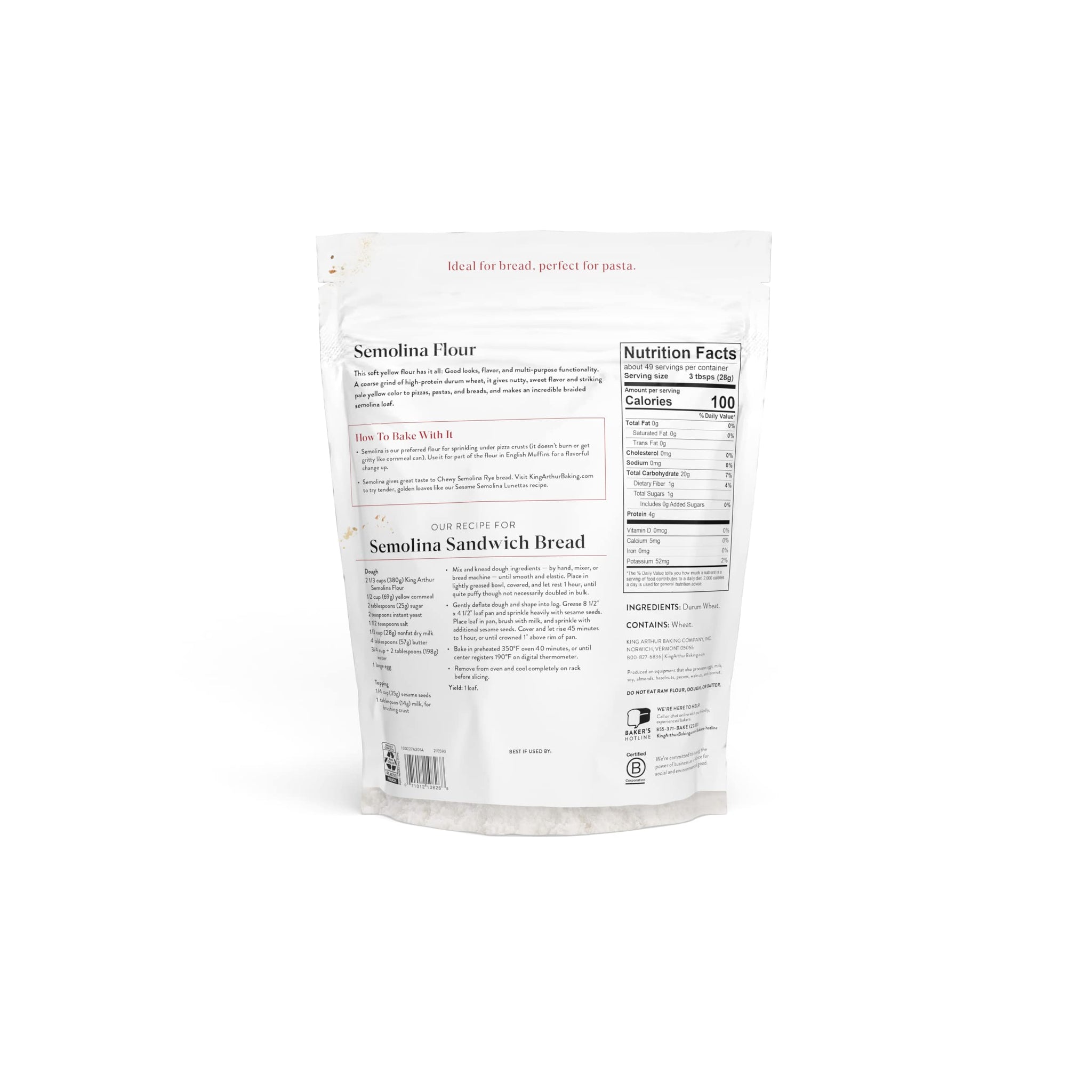 King Arthur Premium Semolina Flour: Coarse Ground, High Protein Durum Wheat for Perfect Pasta, Pizza, and Bread Making - Kosher, 3 lbs Resealable Bag