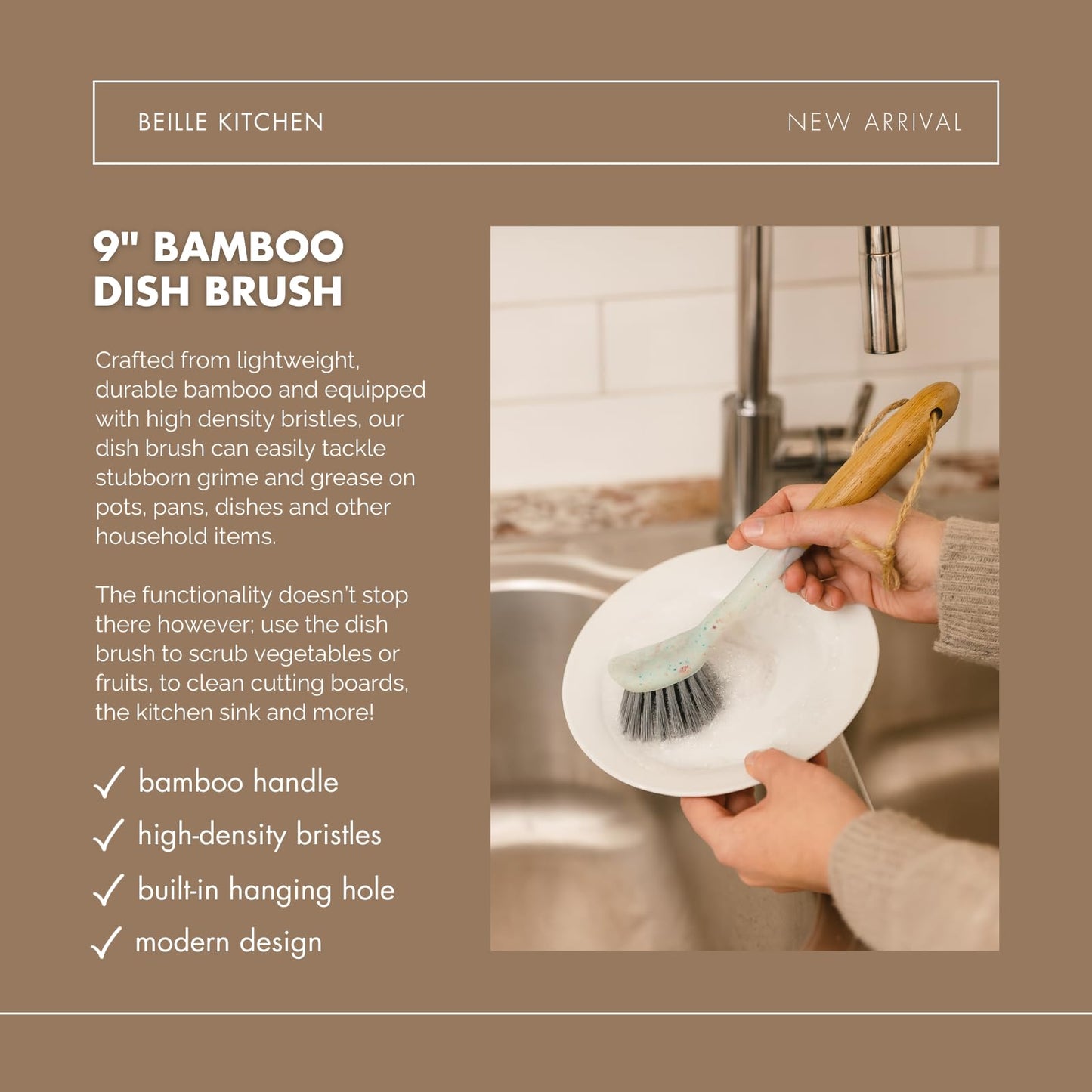 Beille 1pc Dish Brush with 9 Inch Bamboo Handle Household Essentials Cleaning Supplies