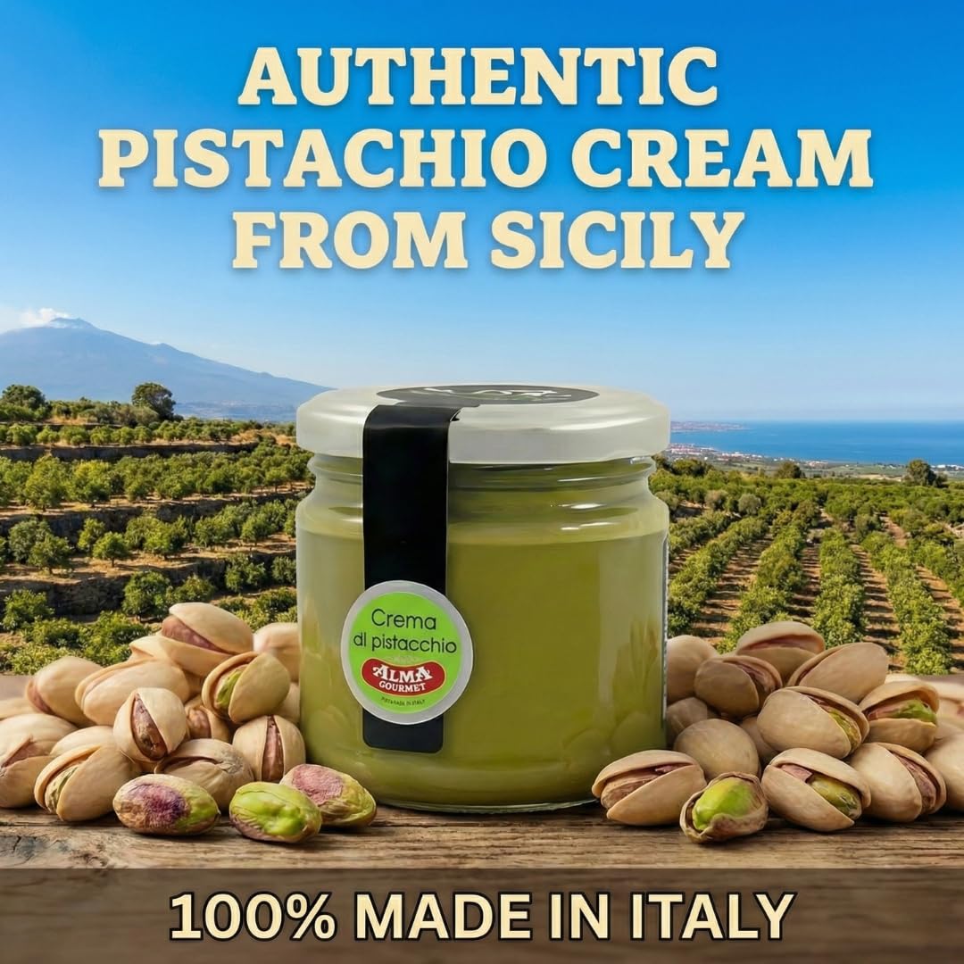 Alma Gourmet Sicilian Pistachio Cream from Bronte - Premium Pistachio Spread Ideal For Spreading, Topping, Filling, Mixing and Baking - Smooth