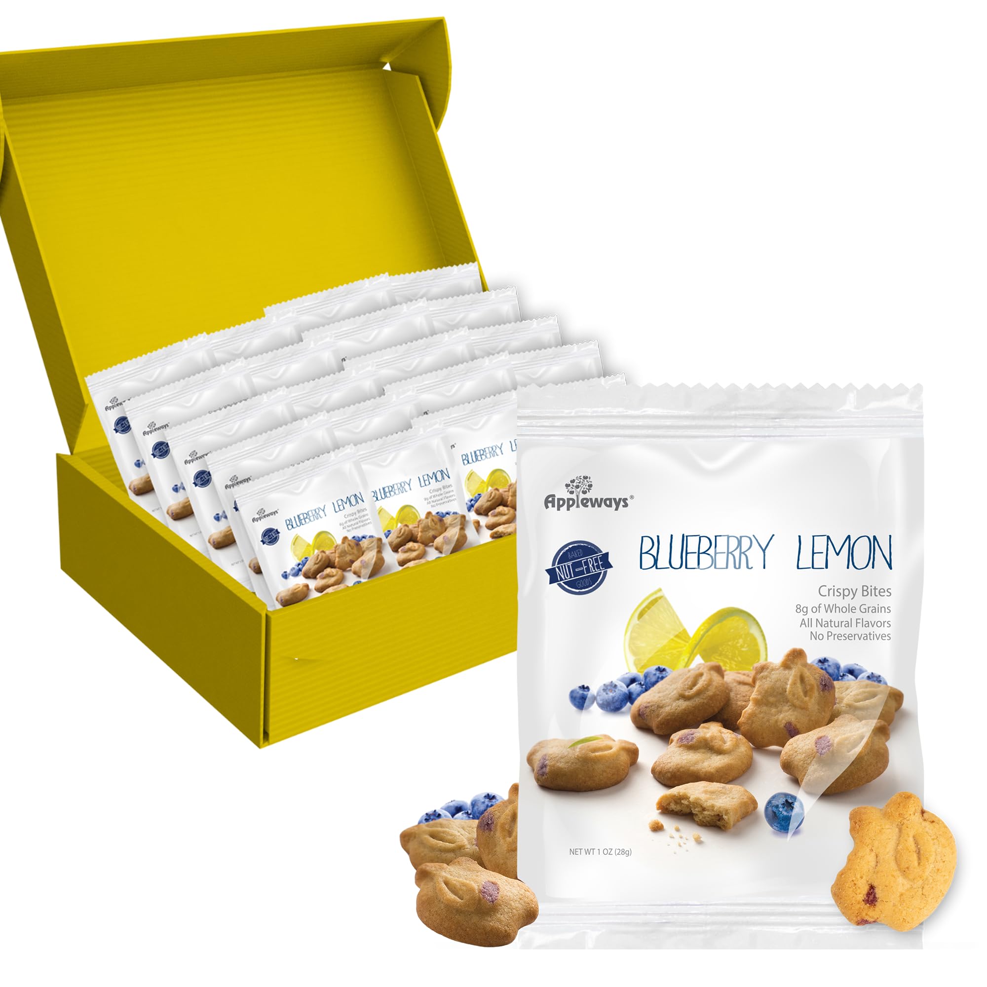 Appleways Whole Grain Blueberry Lemon Crispy Bites, 1 oz, 20 Count - Individually Wrapped Snacks, No Preservatives, Lunchbox Friendly, Nut-Free