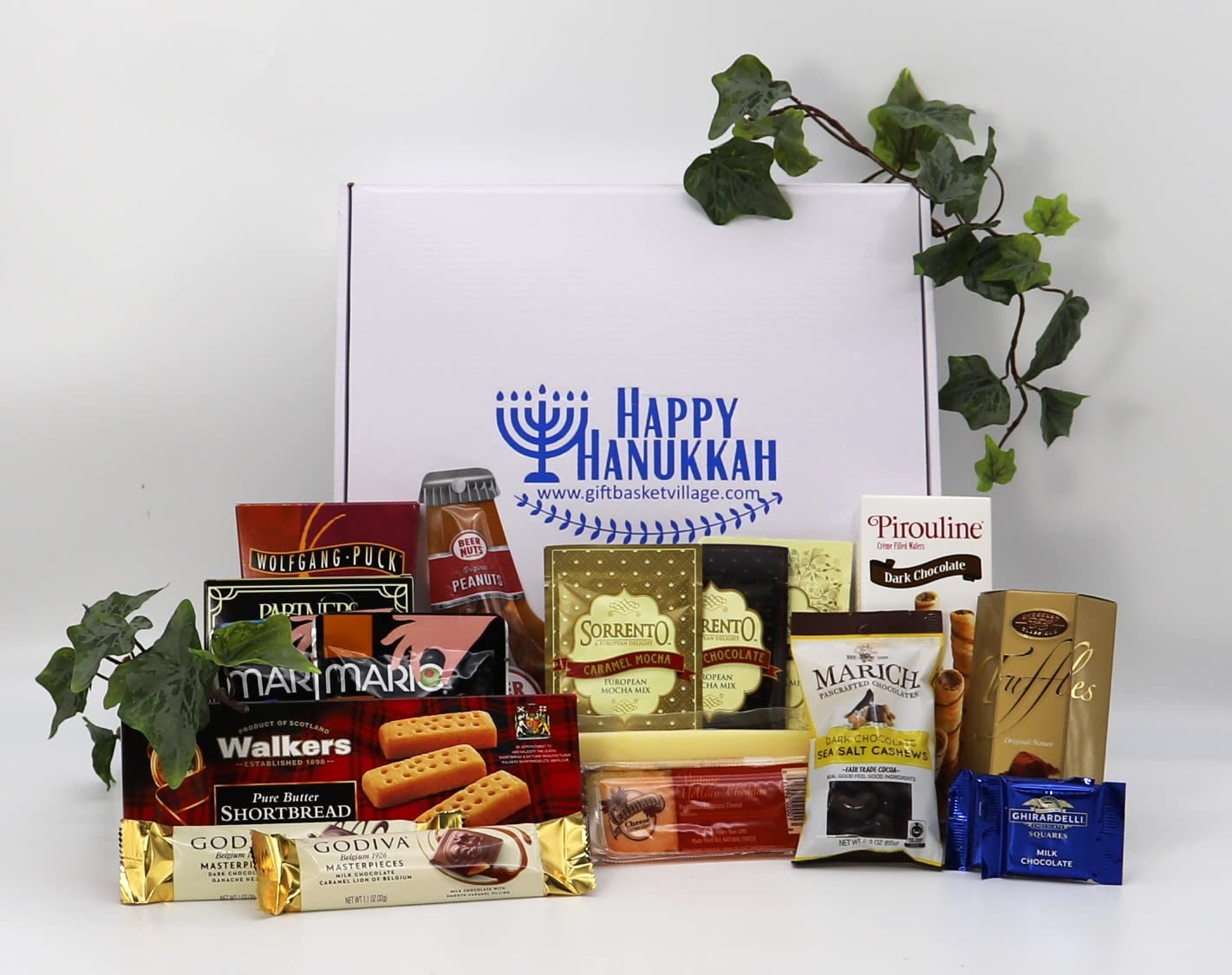 Gift Basket Village - A Happy Hanukkah - Deluxe Gourmet Chocolate, Cheese, Cookies & More - Festival of Lights Holiday Gift Basket for Family