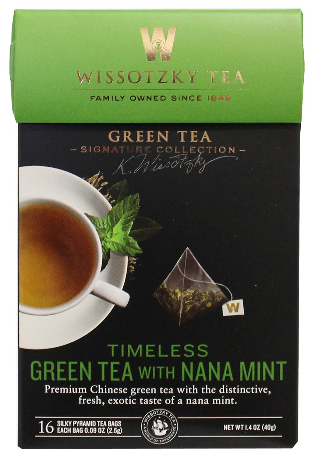 Wissotzky Tea Signature Collection Timeless Green Tea, Nana Mint, 0.09 Ounce Bag, 16 Count