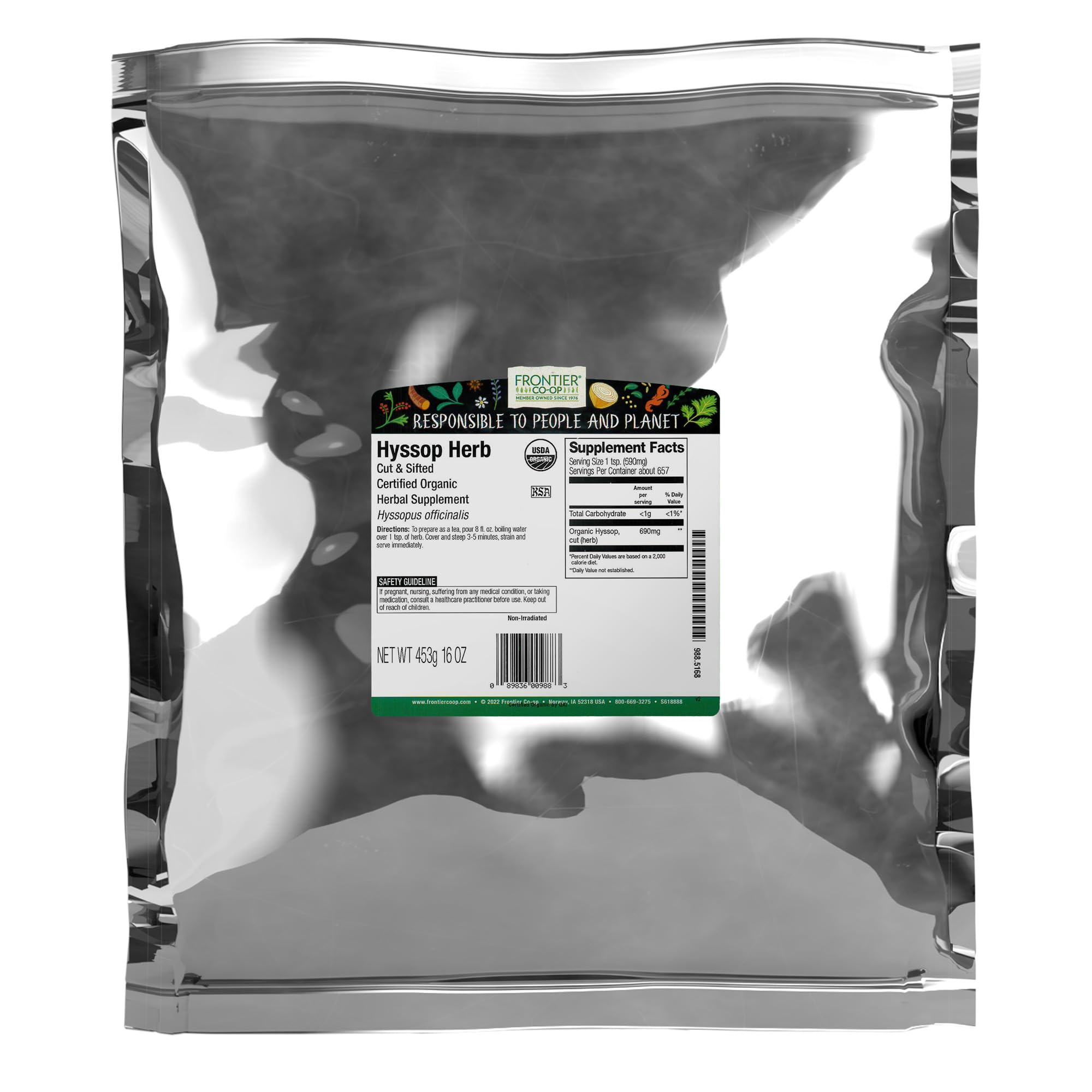 Frontier Co-op Organic Hyssop Herb, Cut & Sifted, Natural Dried Leaves - Bulk Bag for Hyssop Tea, Soup, Salads and More, Kosher | 16 Ounce (Pack of 1)