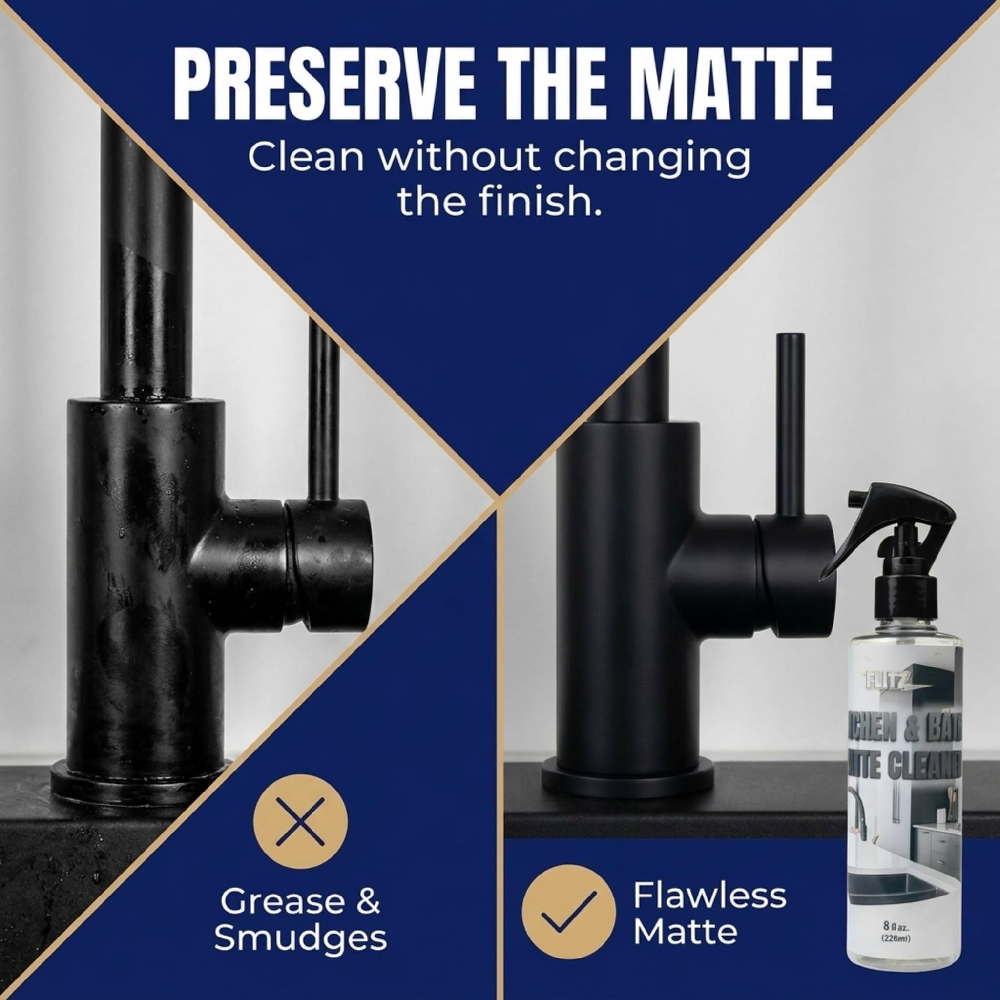 FLITZ Kitchen & Bath Matte Cleaner - 8oz of USA-Made Non-Abrasive Matte Black Cleaner - Removes Light Grease, Smudges, and Water Spots - Water-Based