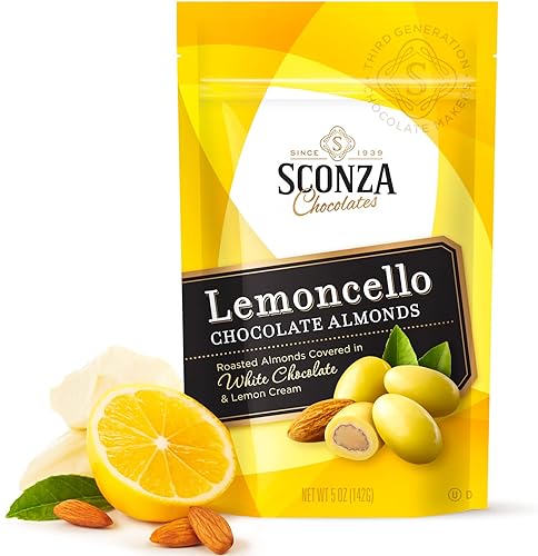 Lemoncello Chocolate Covered Almonds Brought to you by Nutic, Produced by Sconza - Roasted Almond Covered in White Chocolate and Lemon Creme Candy |5
