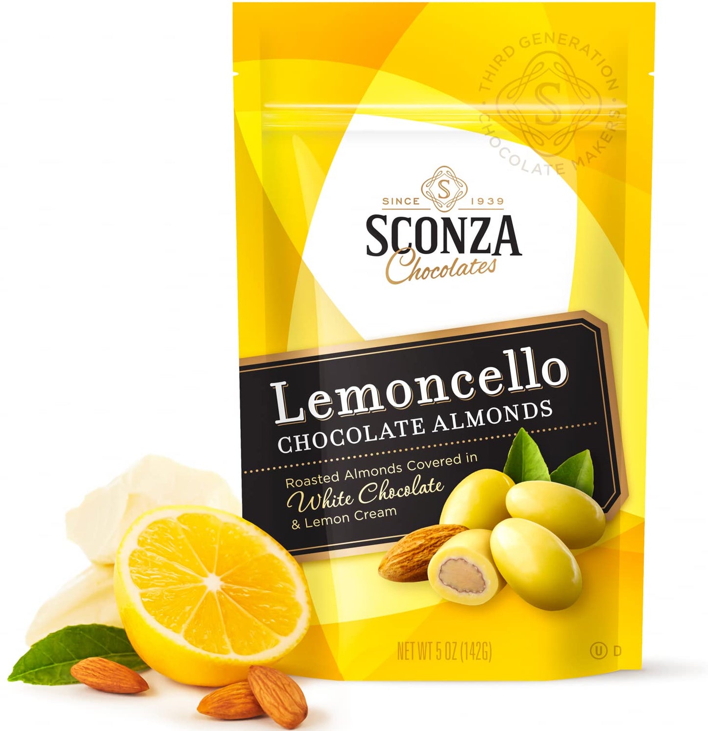 Lemoncello Chocolate Covered Almonds Brought to you by Nutic, Produced by Sconza - Roasted Almond Covered in White Chocolate and Lemon Creme Candy |5