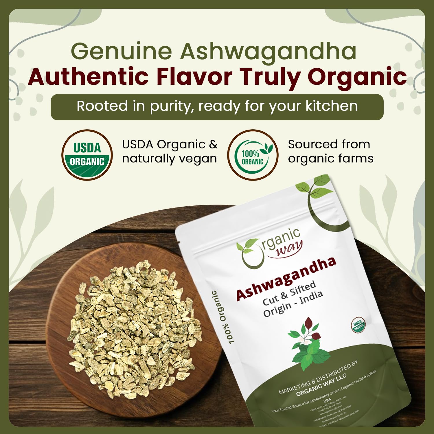 Organic Way Ashwagandha Root Cut & Sifted (Withania somnifera) - Organic & Kosher Certified | Vegan, Non GMO & Gluten Free | USDA Certified | Origin