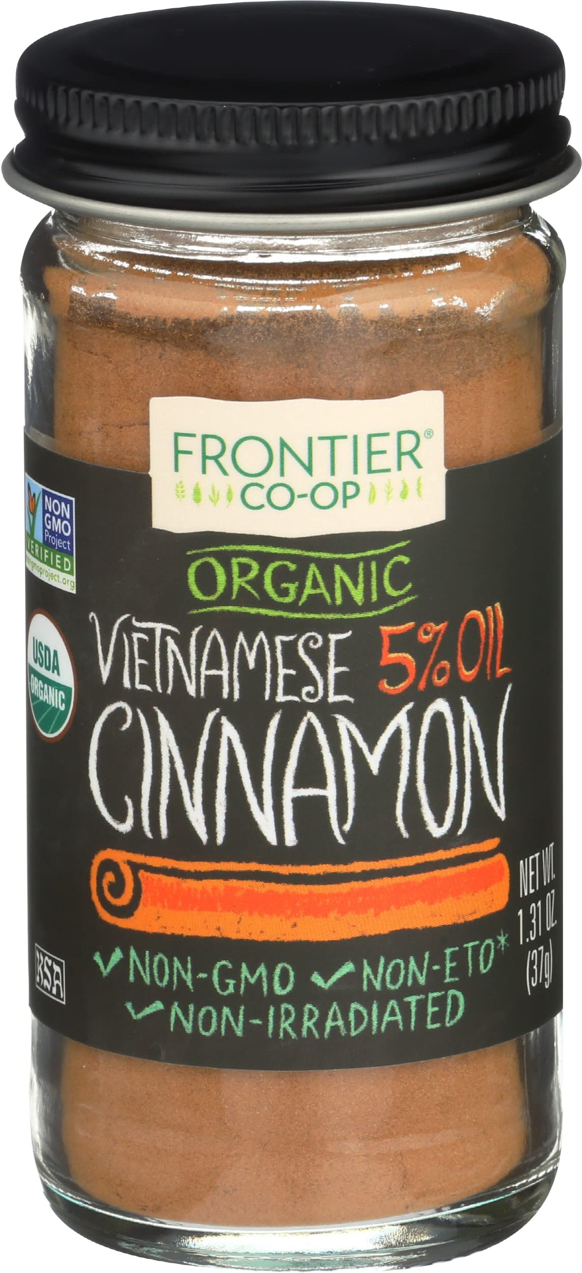 Frontier Organic Ground Vietnamese Cinnamon, 1.31 Ounce Bottle, Premium Quality Cinnamon, Full Balanced Spicy Flavor, Kosher