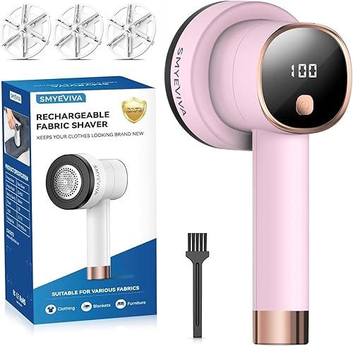 Smyeviva Rechargeable Fabric Shaver for Clothes: 6-Leaf Blades & 3 Speeds to Remove Pilling, Fuzz & Lint Balls - with LED Display, Portable Electric