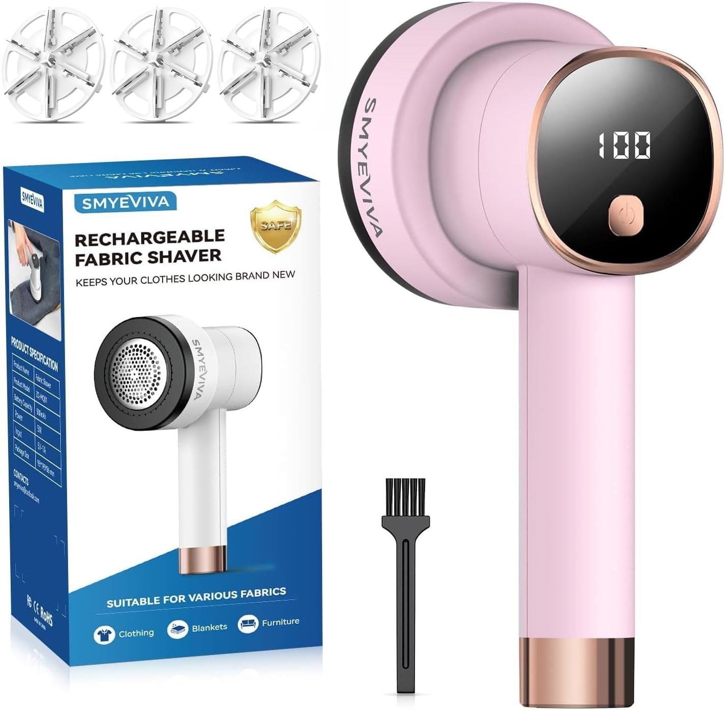 Smyeviva Rechargeable Fabric Shaver for Clothes: 6-Leaf Blades & 3 Speeds to Remove Pilling, Fuzz & Lint Balls - with LED Display, Portable Electric
