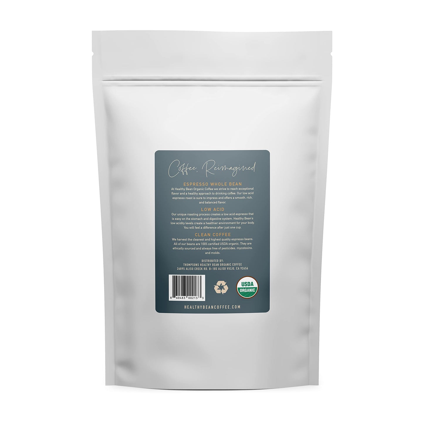 Healthy Bean Espresso Organic Coffee Beans Whole - Low Acid Coffee for Sensitive Stomach, Strong and Rich Flavor - USDA Organic, Dark Roast Whole