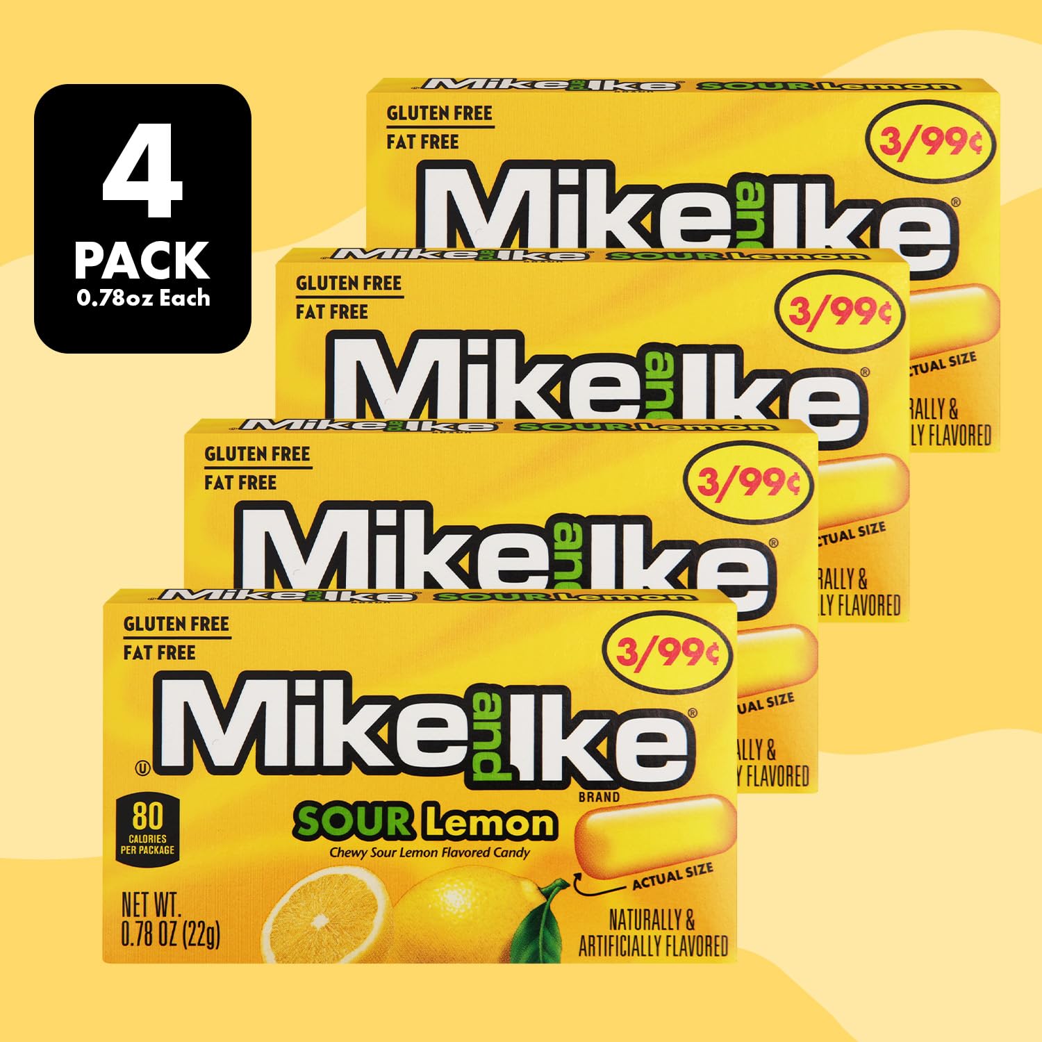 Mike and Ike Sour Lemon Candy, 4 Pack of Movie Theater Boxes 0.78OZ Each, Ideal for Your Favorite Films, Perfect Candy for Sharing with Friends.