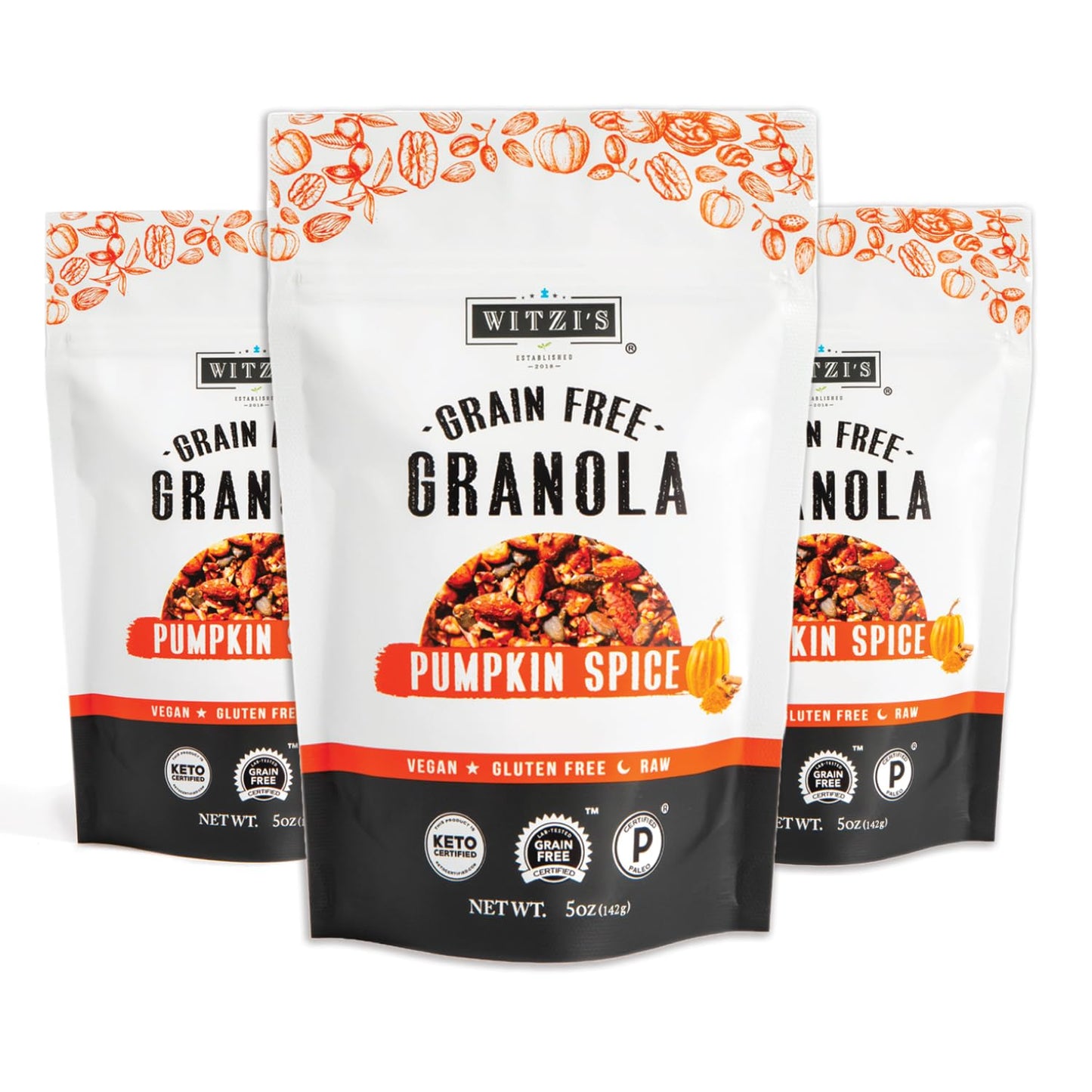 Witzi's Grain Free Granola, Pumpkin Spice, 5oz (Pack of 3), Made with Almonds, Pumpkin & Cinnamon, Vegan, Keto, Gluten Free, Healthy Snack