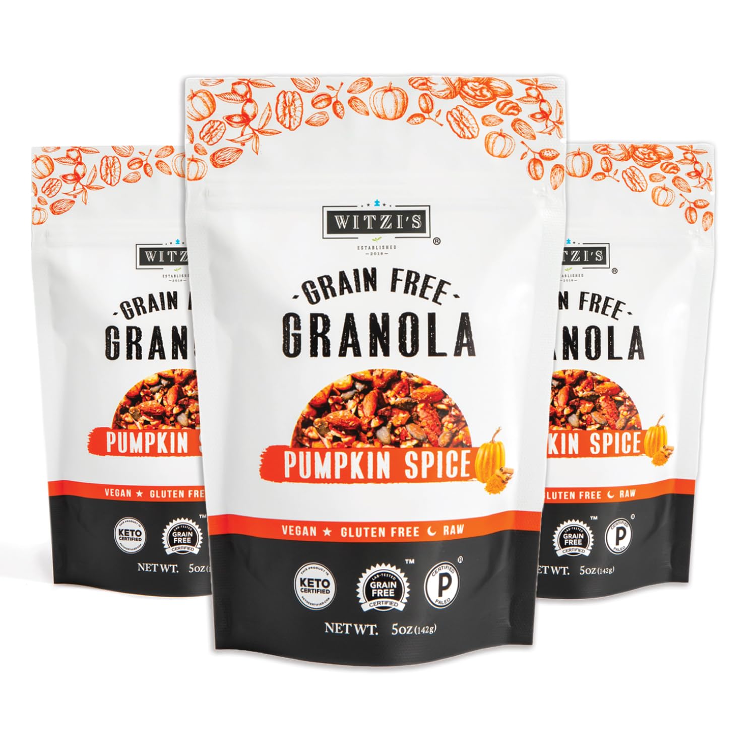 Witzi's Grain Free Granola, Pumpkin Spice, 5oz (Pack of 3), Made with Almonds, Pumpkin & Cinnamon, Vegan, Keto, Gluten Free, Healthy Snack