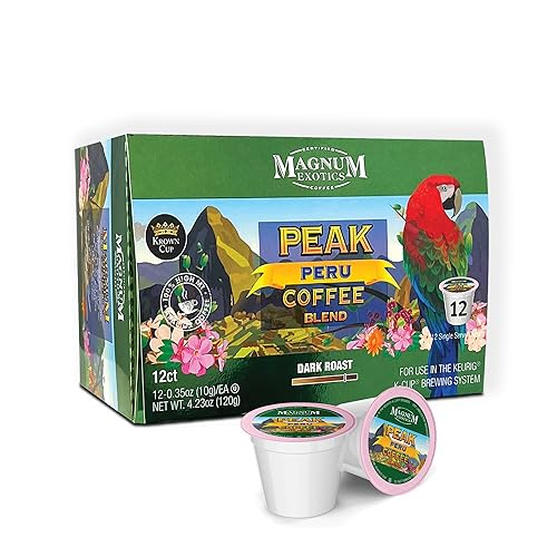 Magnum Exotics Coffee Peak Peru Blend - Dark Roast, 100% Arabica Coffee Pods, Fast Single Serve K Cups, Capsule Pods Compatible with Keurig - 12 Count