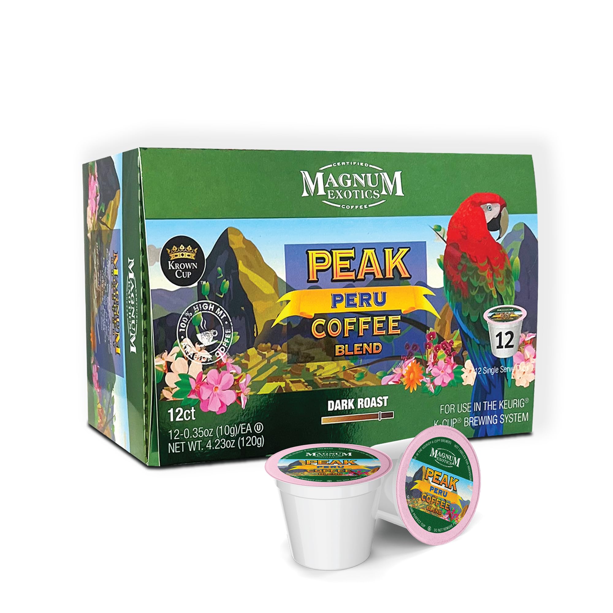 Magnum Exotics Coffee Peak Peru Blend - Dark Roast, 100% Arabica Coffee Pods, Fast Single Serve K Cups, Capsule Pods Compatible with Keurig - 12 Count