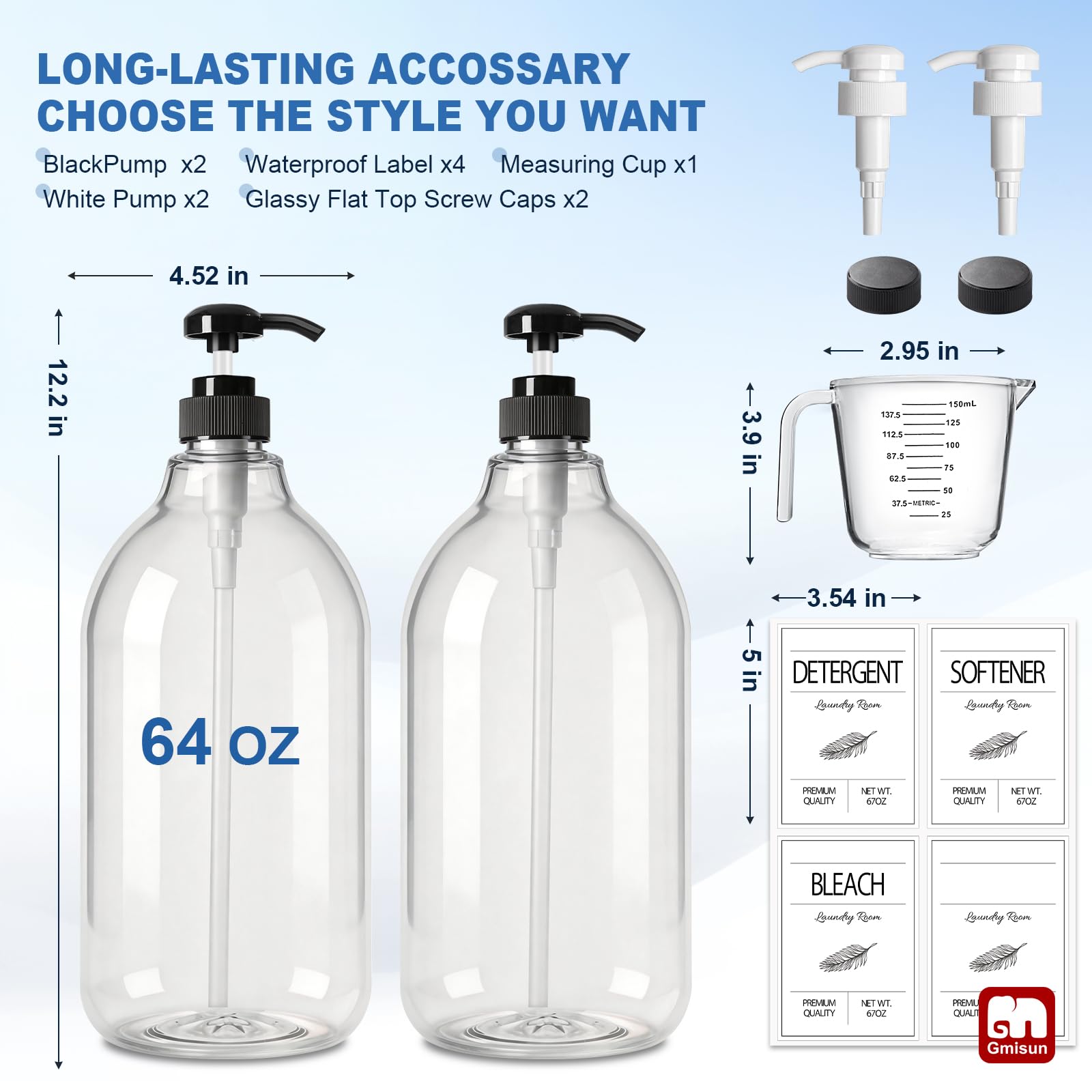 GMISUN Laundry Detergent Dispenser, 2 Pack Liquid Laundry Soap Dispenser, 64oz Storage Container for Farmhouse Laundry Room Decor, Liquid Bottle