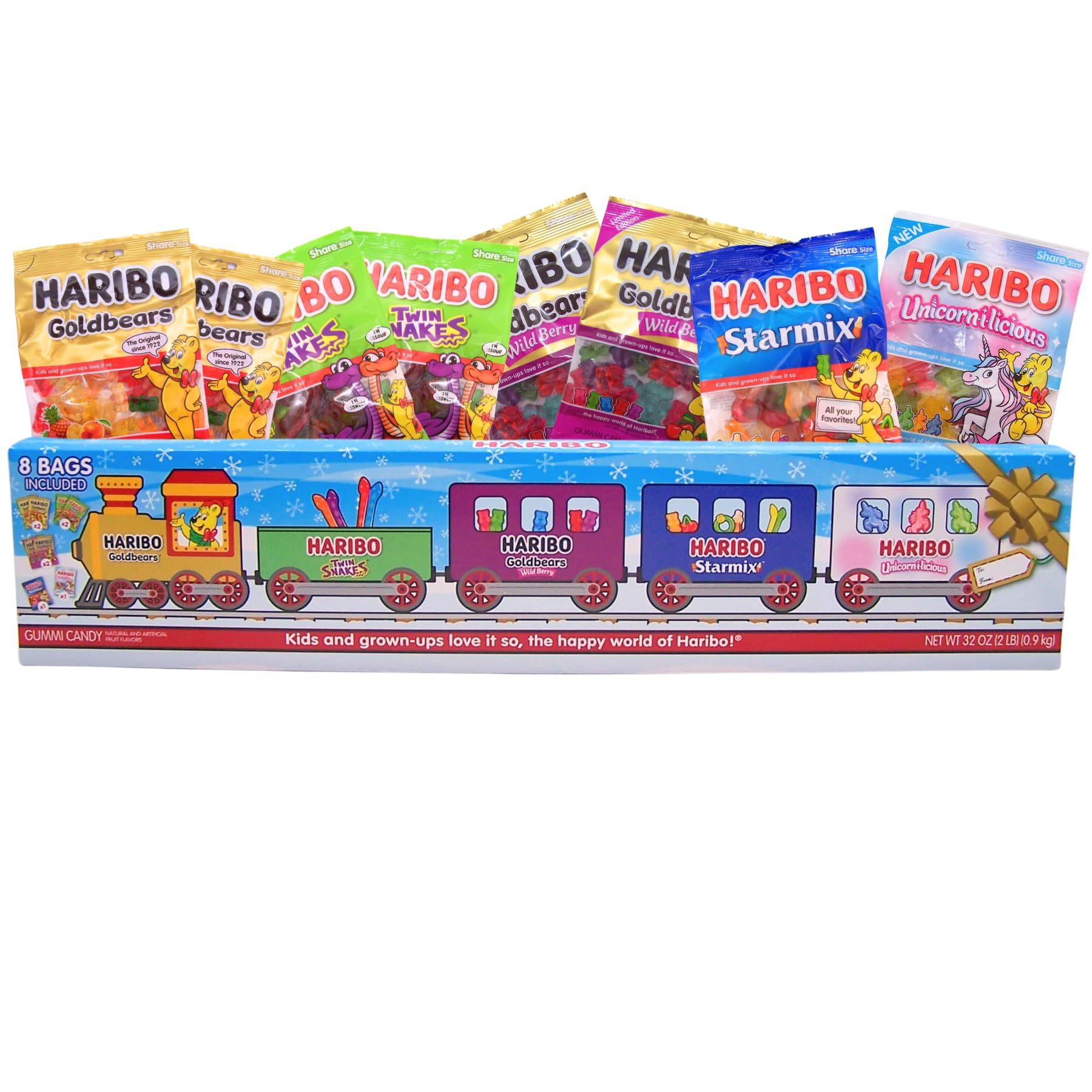 Haribo Holiday Train Assorted Gummy Bears & Candy, Holiday Candy Gift, Stocking Stuffer Gift, 8 Bags Included, 32 Ounces