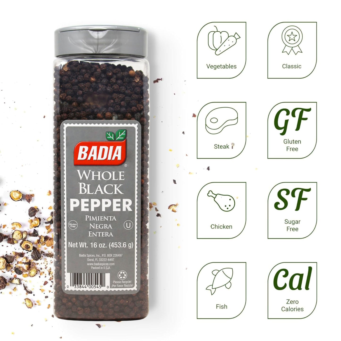 Badia Whole Black Pepper, 16 oz - Aromatic and Flavorful Peppercorns for Everyday Cooking