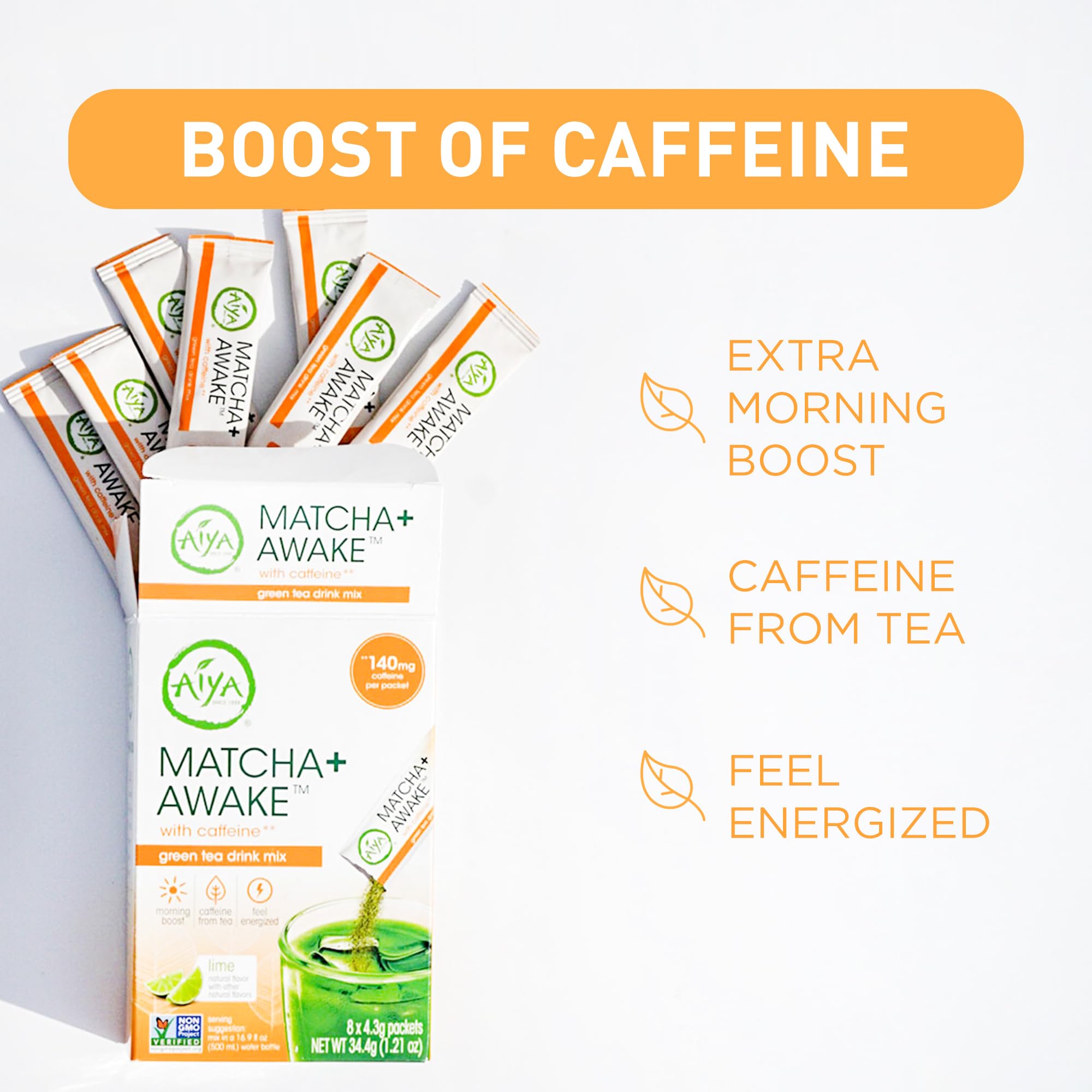 Aiya Matcha+ Awake™ - Lime Flavored Matcha Energy Drink Mix - 140mg Caffeine per Packet - Premium Japanese Matcha Green Tea Powder - On-the-Go Energy
