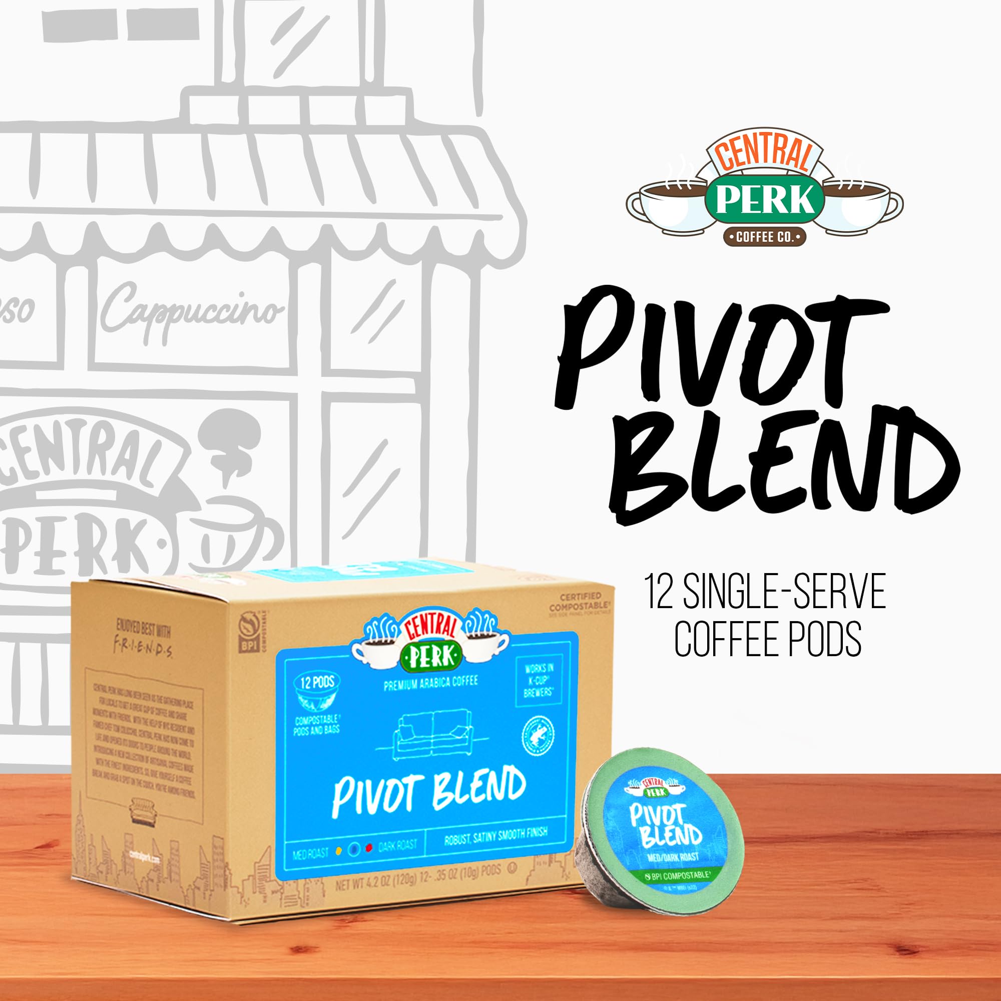 Central Perk Medium Dark Roast Single Serve Coffee Pods Compatible with K-Cup Brewers - "Pivot Blend", 100% Arabica Coffee with Bright Citrus, Sweet