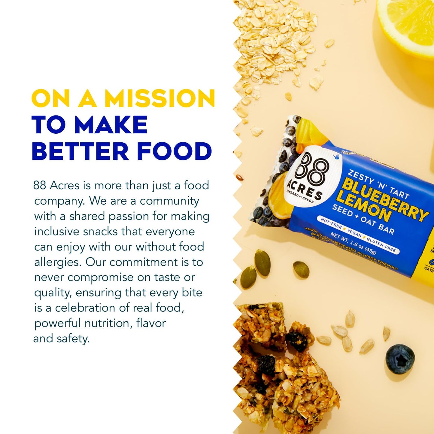 88 Acres Granola Bars, Blueberry Lemon, 12 Count, School Safe, Allergen Free Seed & Oat Snack Bar, Gluten & Nut Free, Vegan, Non-GMO & Kosher