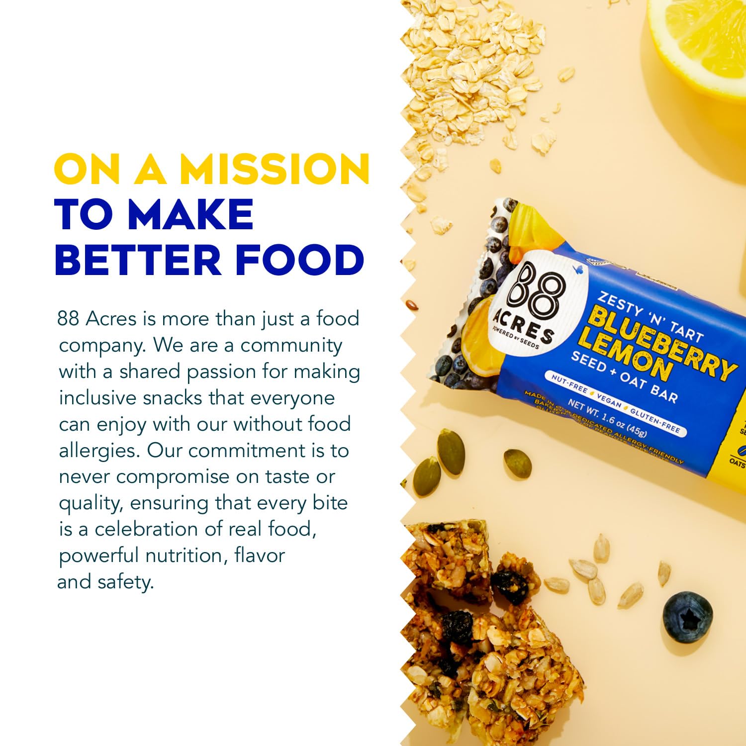 88 Acres Granola Bars, Blueberry Lemon, 12 Count, School Safe, Allergen Free Seed & Oat Snack Bar, Gluten & Nut Free, Vegan, Non-GMO & Kosher