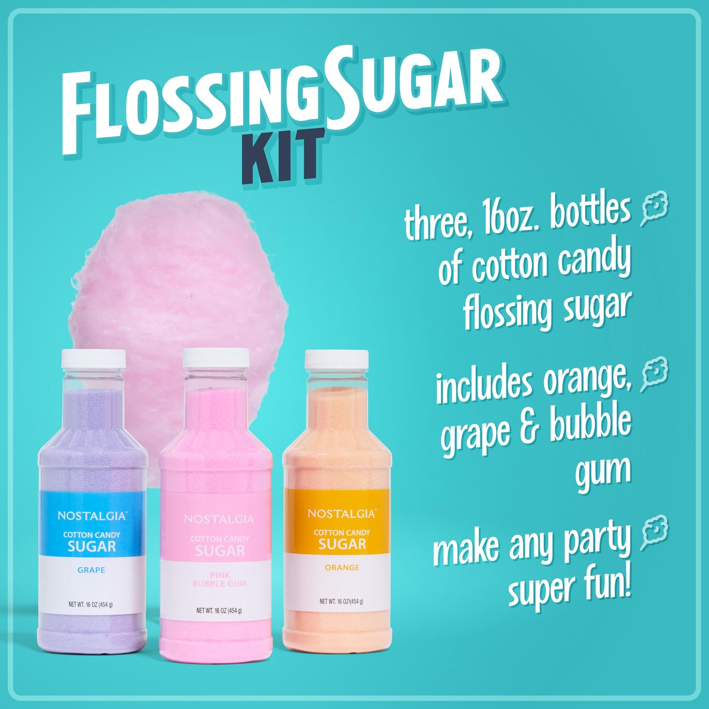 Nostalgia Cotton Candy Flossing Sugar (3-Pack), Grape, Pink Bubble Gum, Orange - Three 16-oz Bottles of Cotton Candy Sugar Mix - 96 Small to Medium