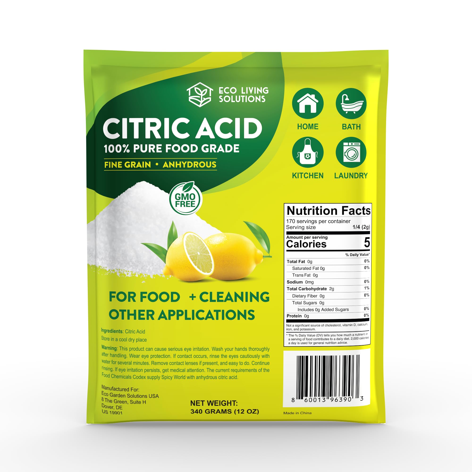 Eco Living Solutions 100% Citric Acid Powder - Food Grade | Citric Acid For Cleaning & Bath Bombs | Great For Cooking & Canning | Fragrance Free |