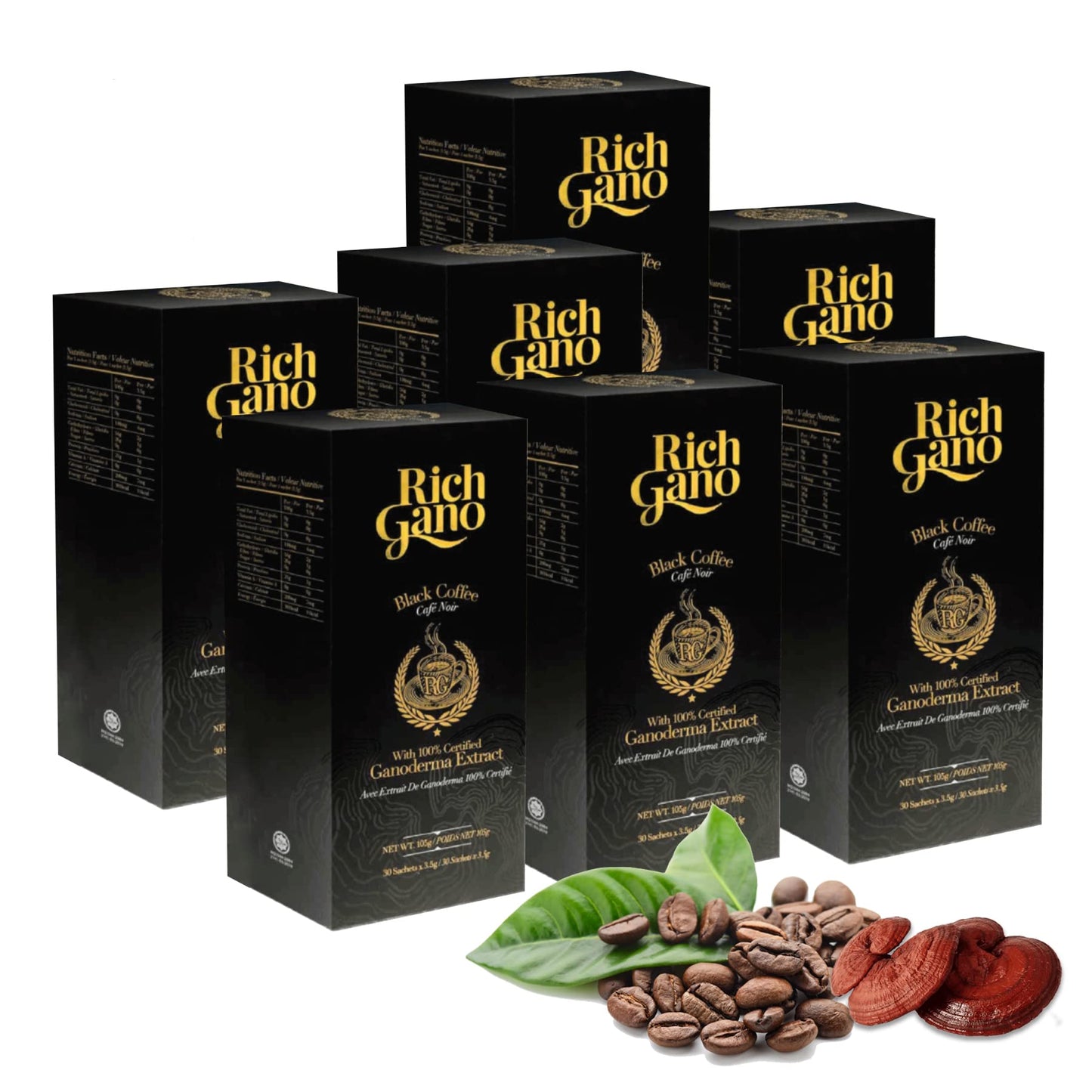 Rich gano Reishi Mushroom Coffee - (7 Boxes of 30 Sachets) Black Coffee with Ganoderma Extract - All Natural Vegan Friendly Instant Coffee Packets