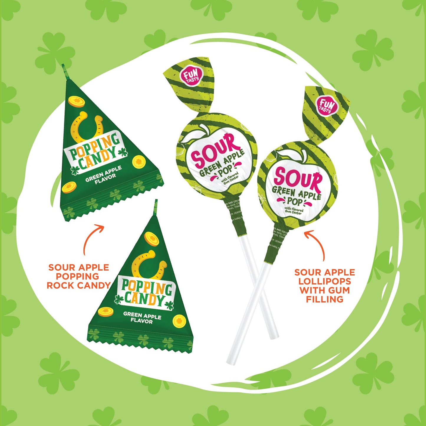 St Patrick's Day Candy Mix - 4 Pound Bulk Pack - Sour Apple Popping Rocks and Gum-Filled Lollipops - Individually Wrapped Party Favors & Goodie Bags