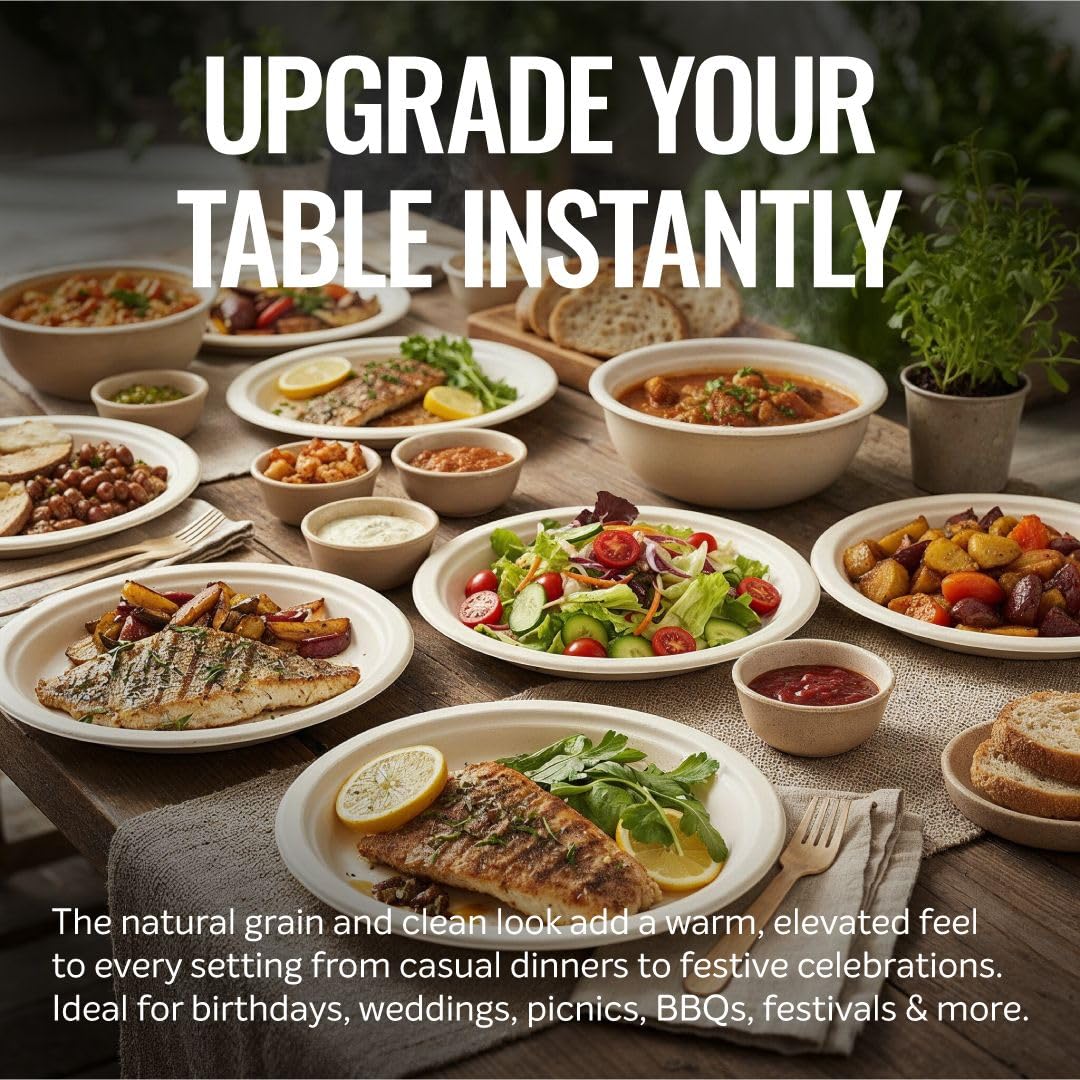 Compostable Plates 8.86 Inch, 125 Pack Heavy Duty, Leak Proof, Microwave Safe Bagasse Plates, Extra Sturdy, Oil Resistant, Eco Friendly Disposable