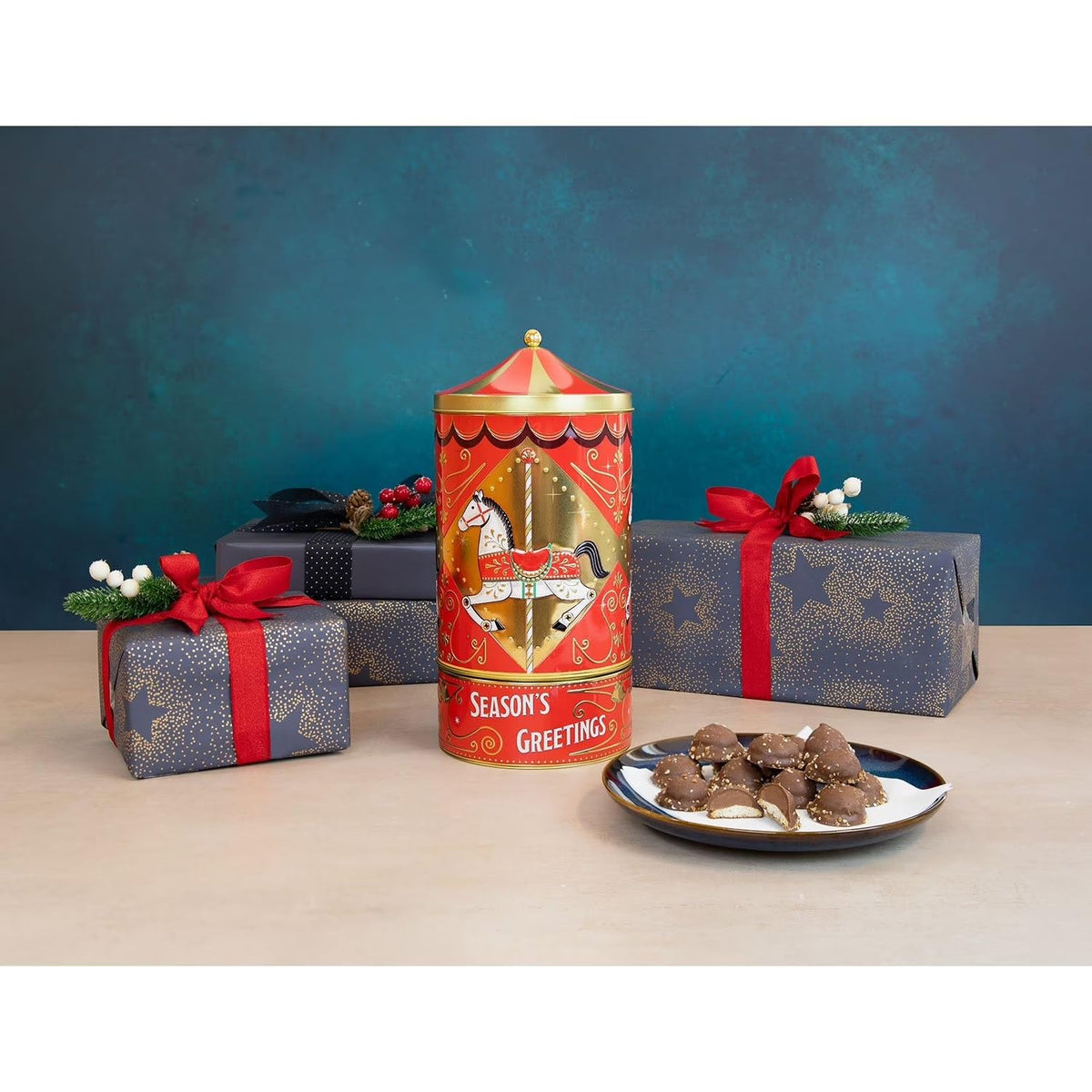 Rotatings Musical Carousel Holiday Tin, Belgian Chocolate Pearls, Season's Greetings Design, 8.11oz Decorative Container