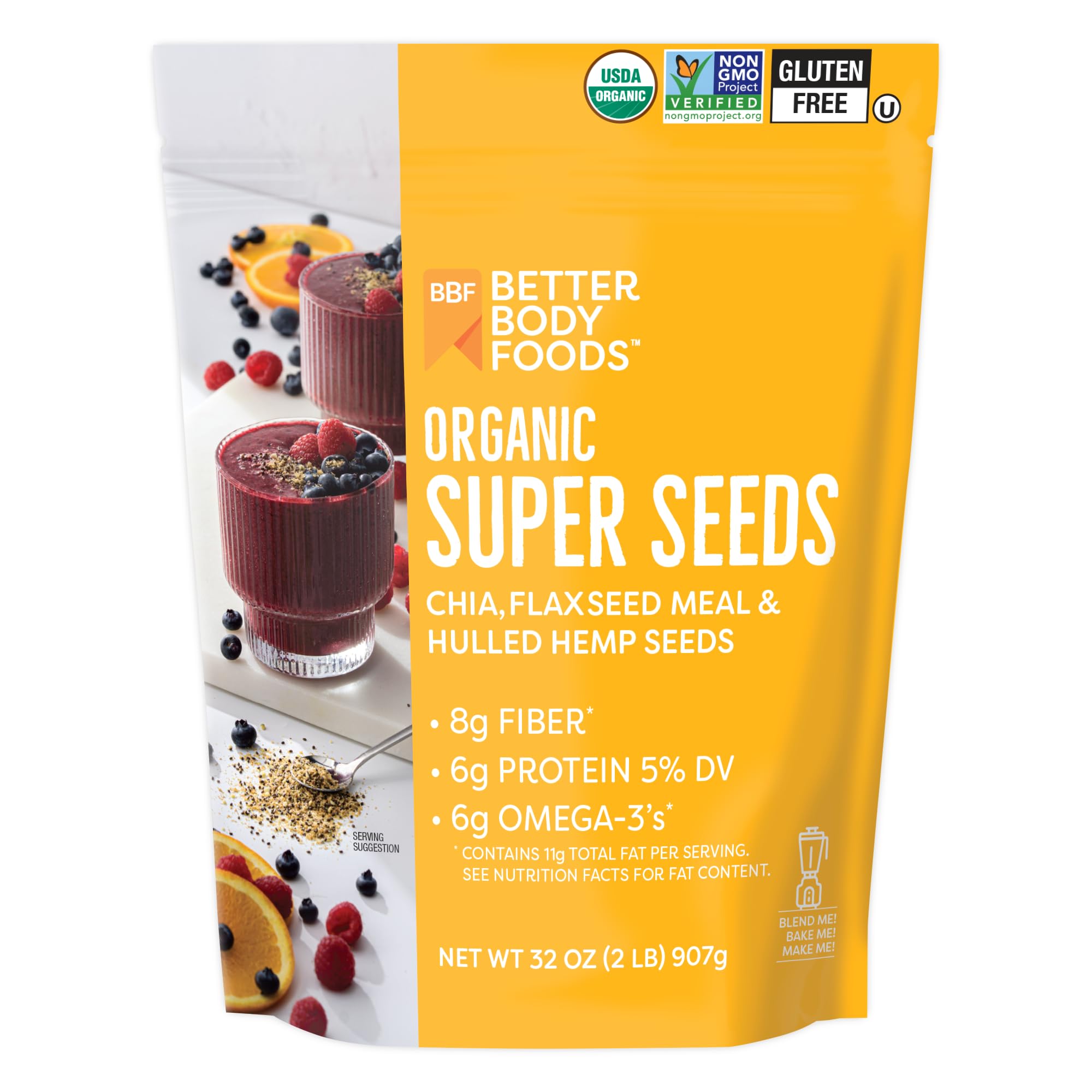 BetterBody Foods Superfood Organic Super Seeds - Chia Flax & Hemp Seeds, Blend of Organic Milled Flax Seed Organic Hemp Hearts, Add to Smoothies