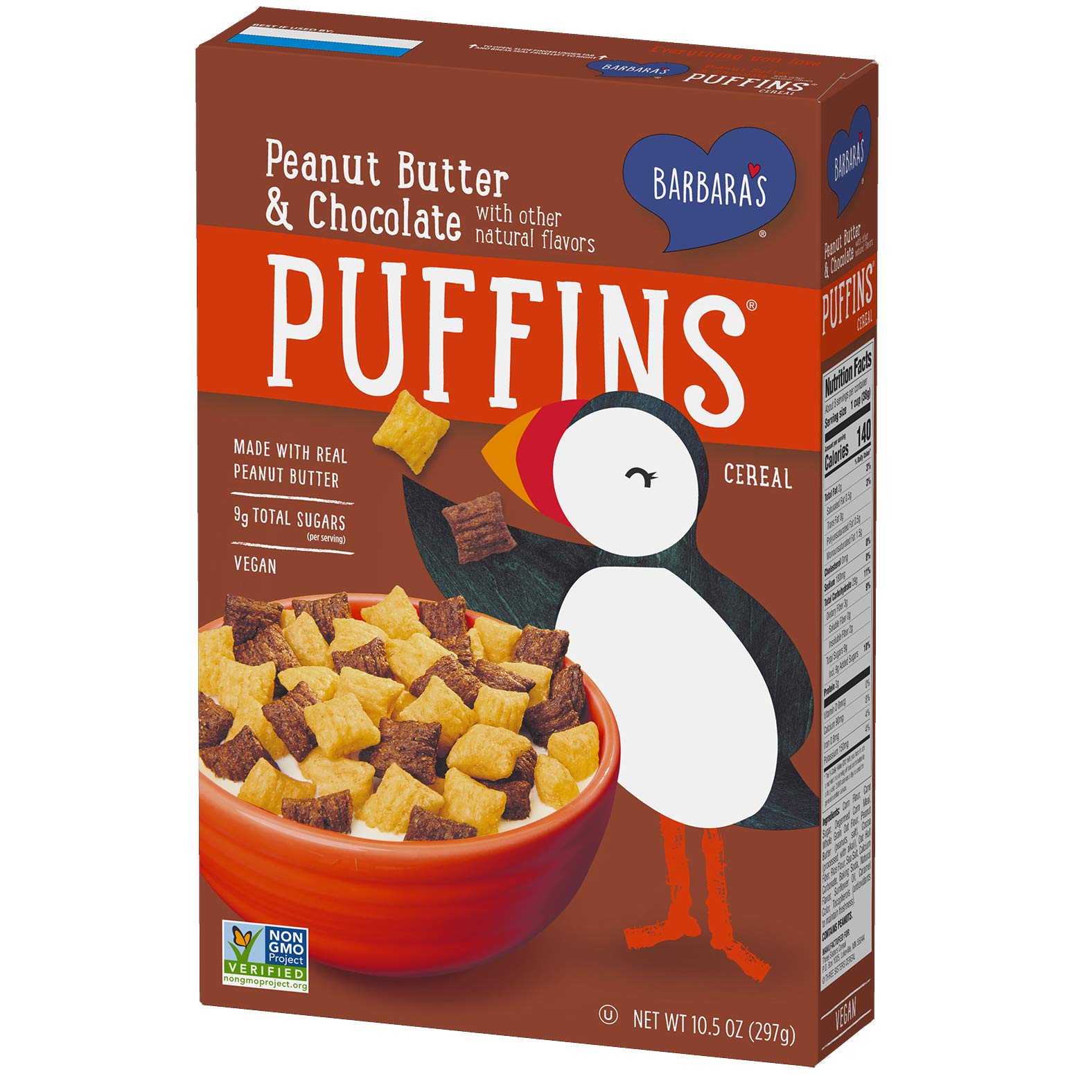 BARBARA'S Puffins Peanut Butter and Chocolate Cereal, Non-GMO, Vegan, 10.5 Oz Box (12 Count)