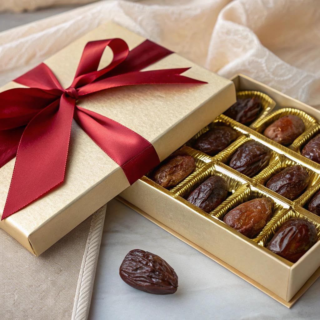 Rancho Meladuco Date Farm 1 lb. Box with Red Satin Ribbon | Contains Whole, Un-Pitted, Organic, California-Grown Medjool Dates | Fresh, Sweet