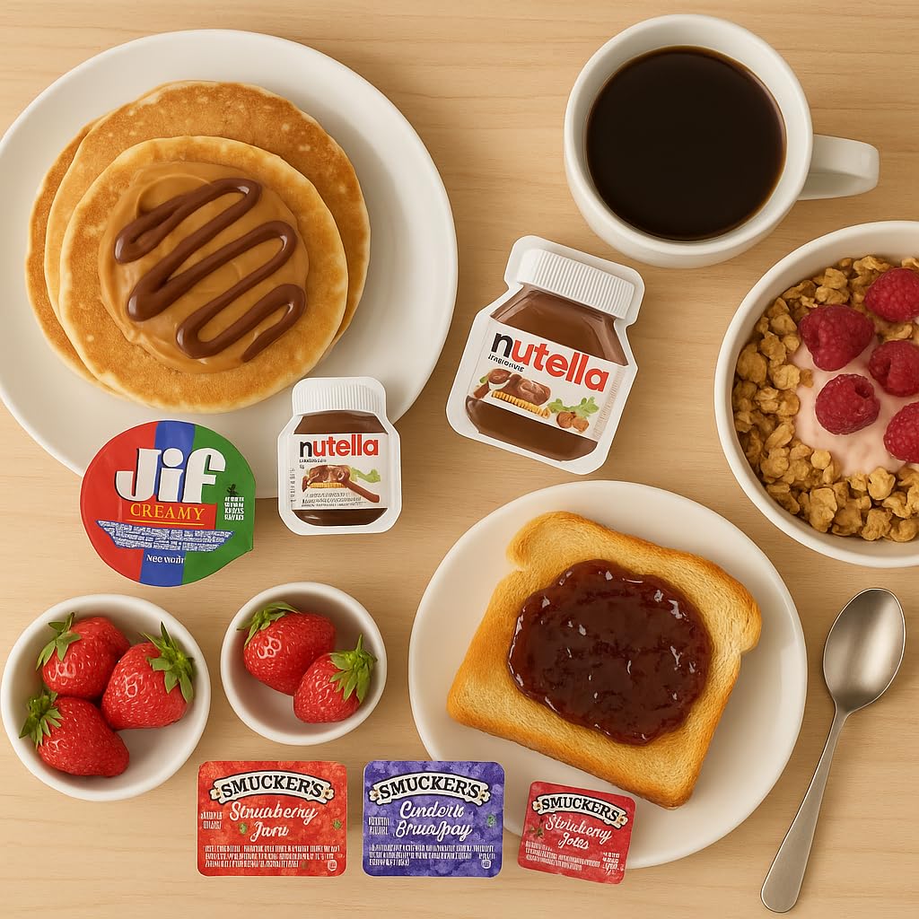 Breakfast Spreads Variety Pack -40 Single-Serve Portion Cups - Peanut Butter, Hazelnut Cocoa Spread, Strawberry Jam & Grape Jelly - Individual Packs