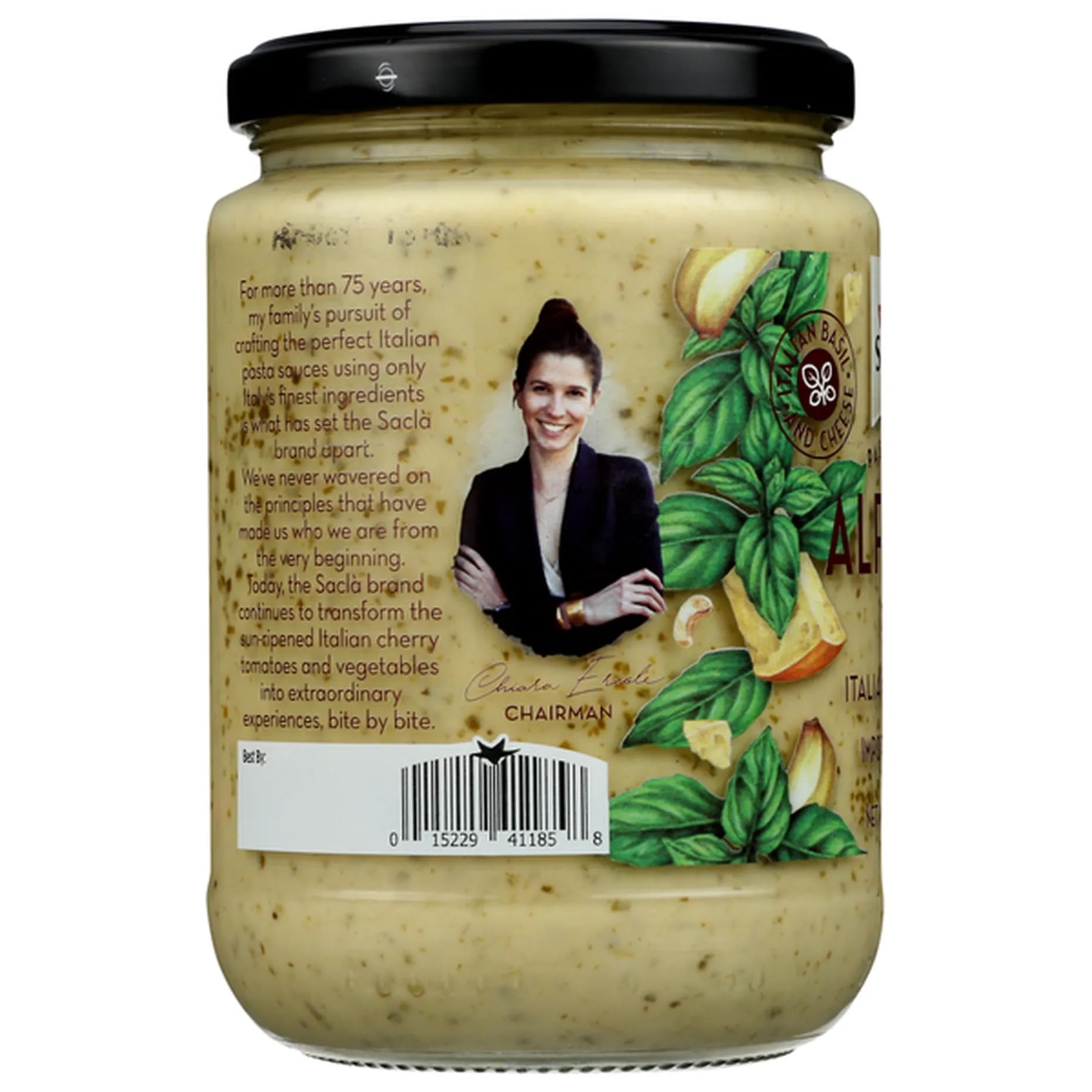 SACLA Alfredo Pasta Sauce with Basil Pesto | Creamy Italian White Pasta Sauce with Cheese & Basil | 14.5 oz Glass Jar | Imported from Italy | Non-GMO