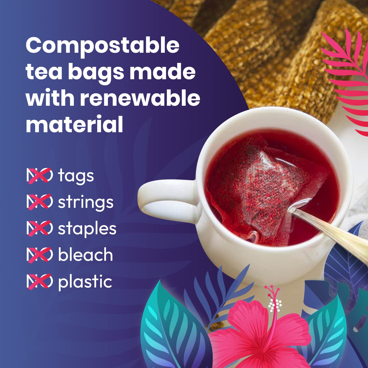 Organic Hibiscus Tea -100 Tea Bags | Organic Herbal Tea From Single Origin | Eco-Friendly Tea Bags | Non-GMO Caffeine Free Tea With Zero Sugar |