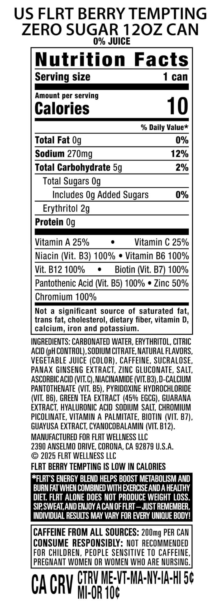 FLRT Energy, Berry Tempting, Clean Energy, Energy Drink, 12 Fl Oz (Pack of 12)