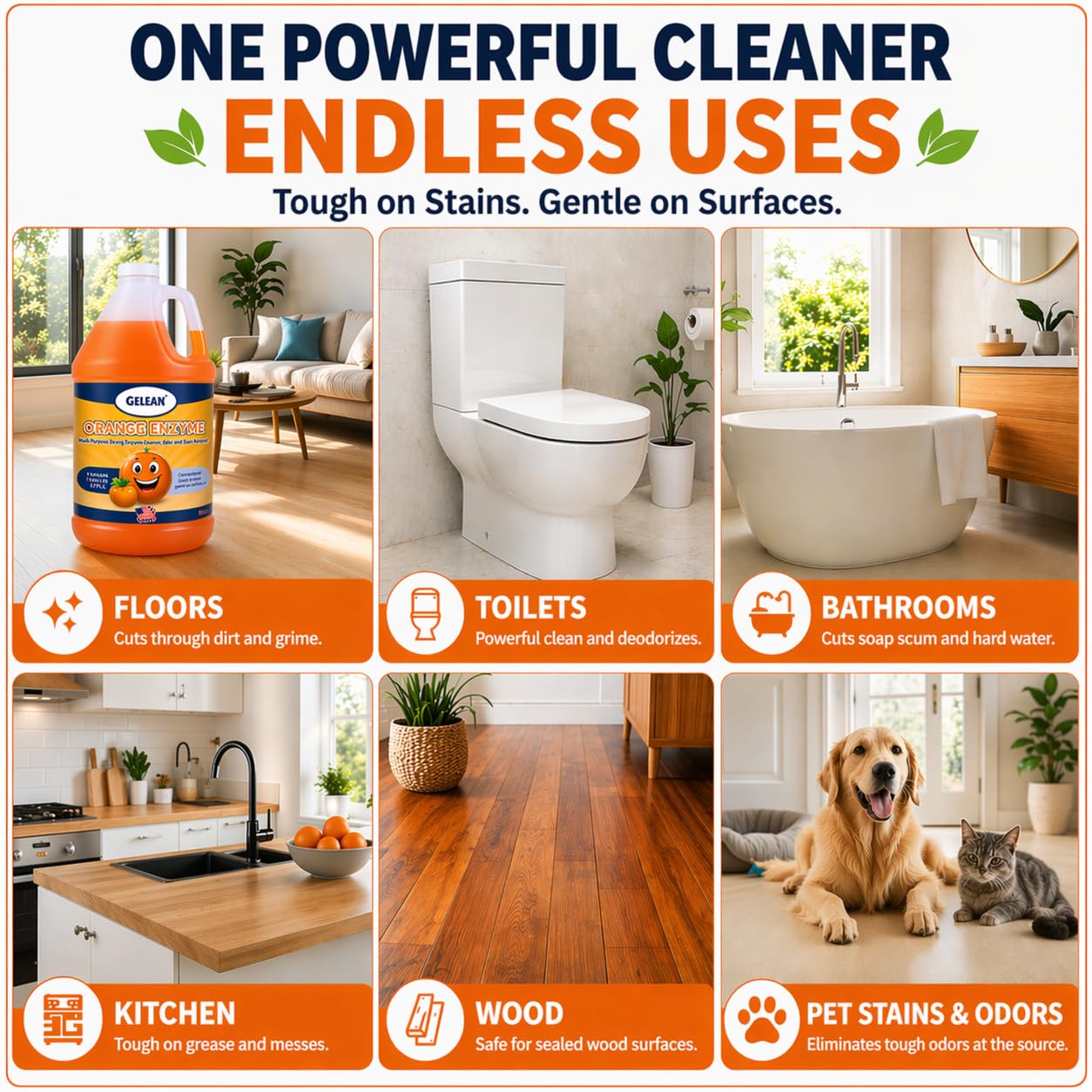 GELEAN EcoStrong Enzyme Cleaner, 1 Gallon. Removes pet stains & cat urine odors from carpets, floors, bathrooms, drains & trash cans. Multi-surface