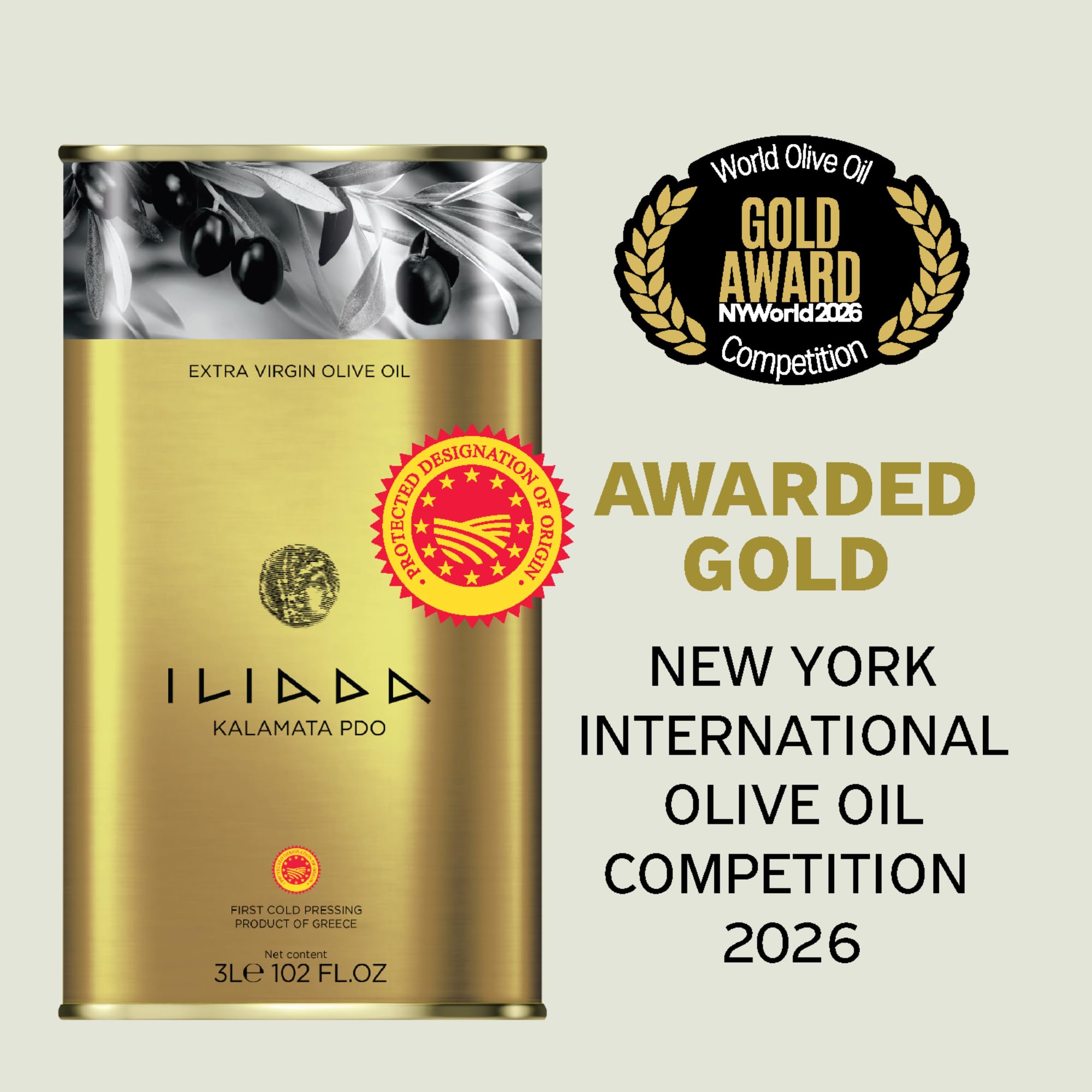 Iliada Kalamata PDO Extra Virgin Olive Oil, 3Lt | Multi-Awarded | Single Region 100% Greek | Monovarietal Koroneiki | Cold Press | Polyphenol Rich | Chef's Favorite
