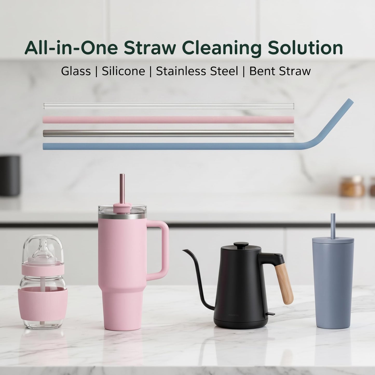 FreshNGo Silicone Straw Cleaner Brush, 4-Pcs Reusable Extra-Long Brush for Cleaning Metal & Glass Straws, Milkshake & Tumbler, 6mm+9mm (4, Blue)