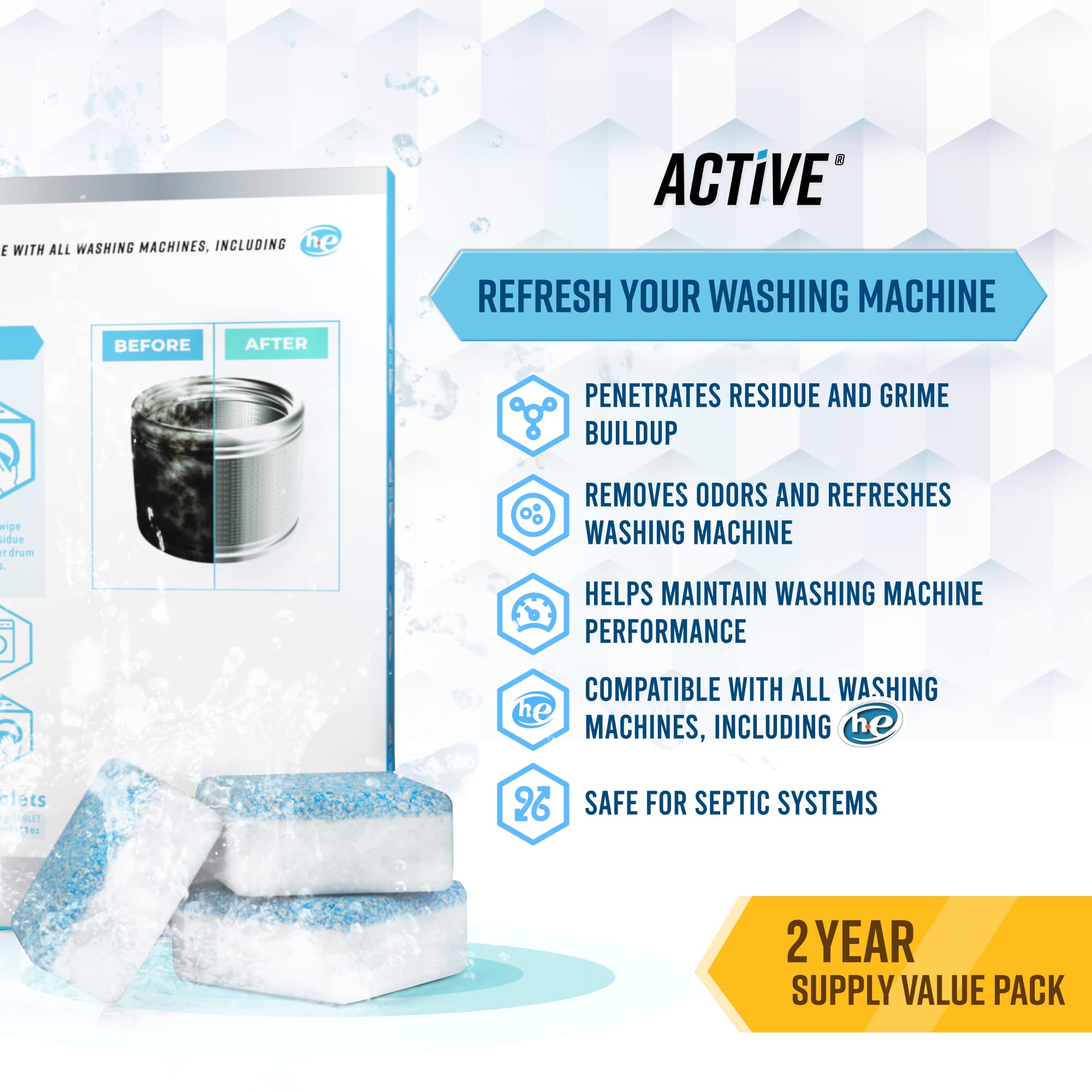 Washing Machine Cleaner Descaler 48 Pack - Value Size Deep Cleaning Tablets HE Front Loader & Top Load Washer, Septic Safe Eco-Friendly Deodorizer