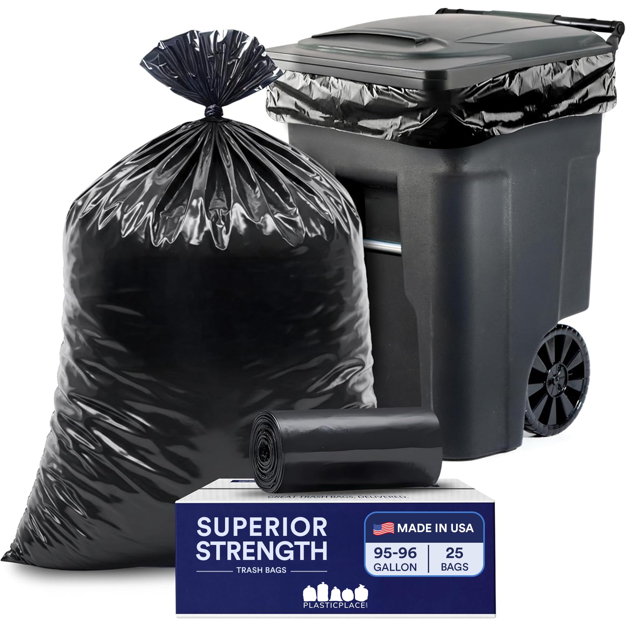 Plasticplace 95-96 Gallon Garbage Can Liners Heavy Duty 1.5 Mil Black Trash Bags Tear-Resistant Outdoor Garbage Bags for Rollaway Bins Large 61" x 68"